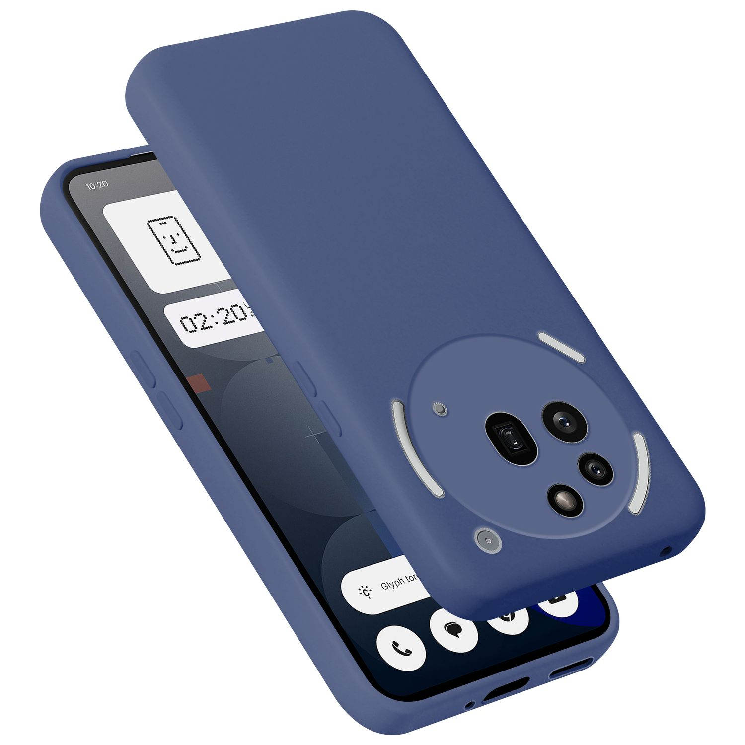 Blaues Handy in einer Hülle, Rückseite mit Kamera, Vorderseite zeigt Uhrzeit und Symbole.