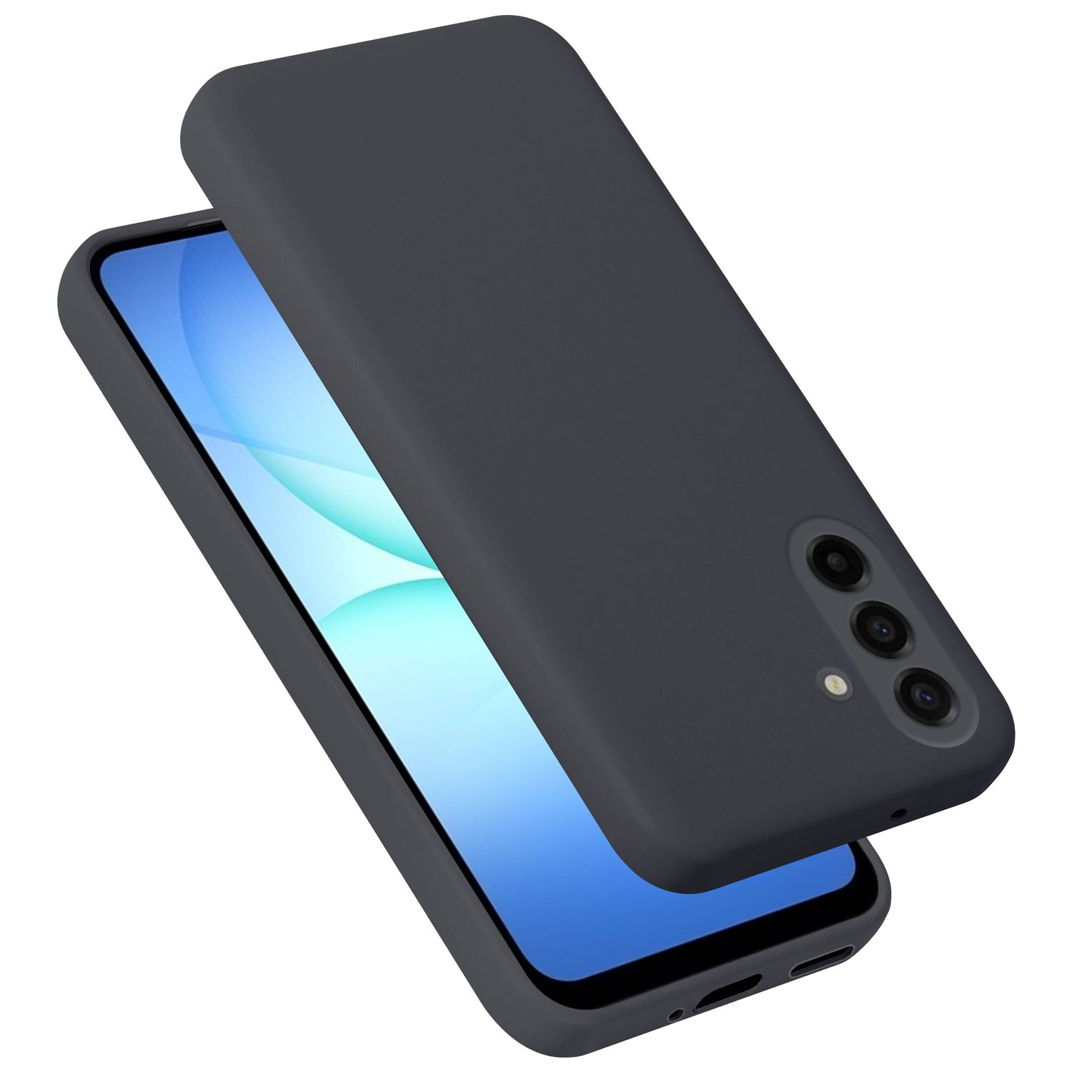 Dunkelgraues Handy mit einer Hülle, die vorne und hinten zu sehen ist.