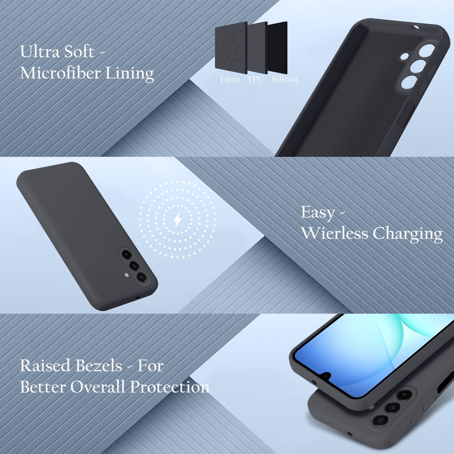 Drei Ansichten einer grauen Handyhülle: Innenfutter, Ladefunktion, erhöhte Ränder.