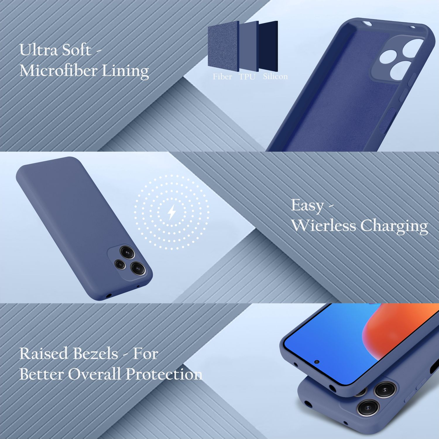 Blaue Handyhülle mit Mikrofaserfutter, kabellosem Laden und erhöhten Rändern.
