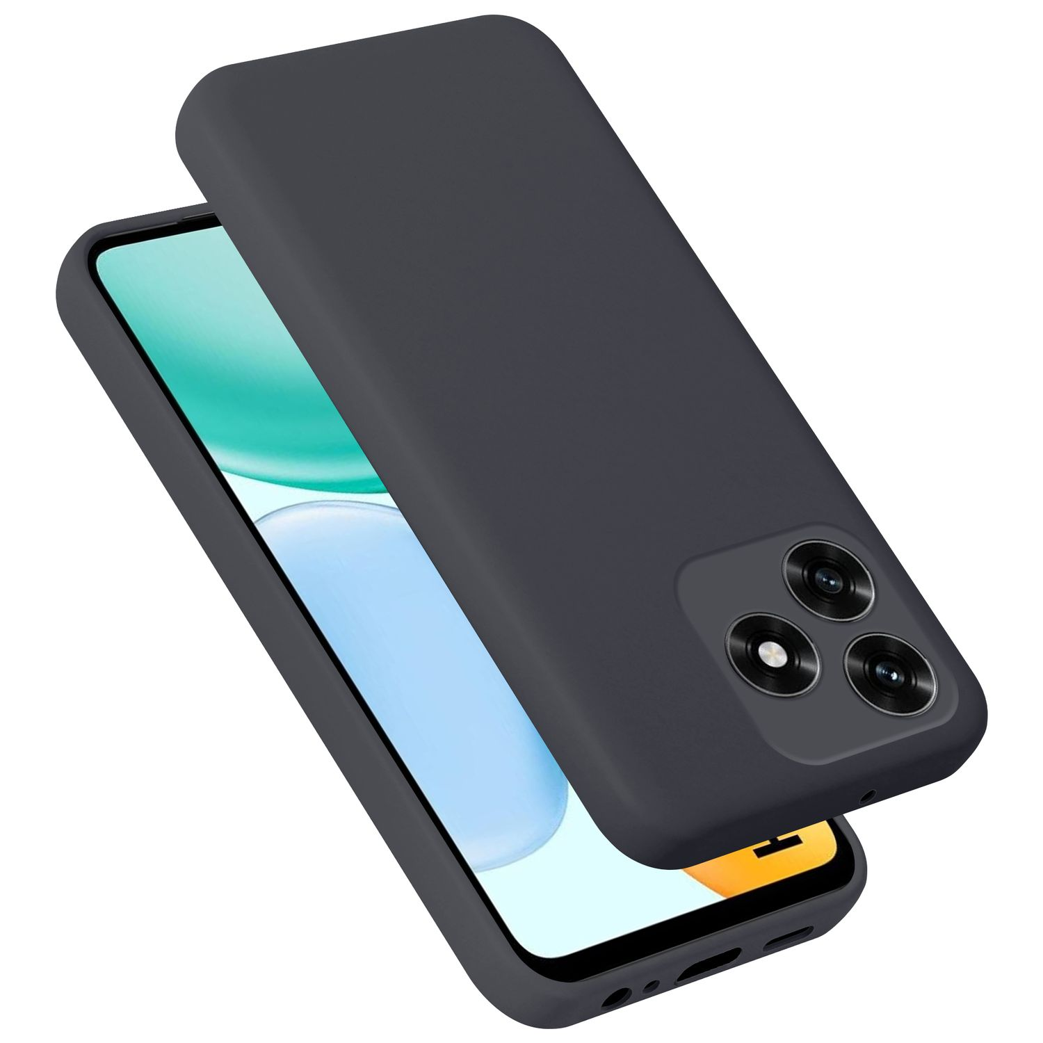 Dunkelgraues Handy in einer Schutzhülle, Kamerasichtbar.