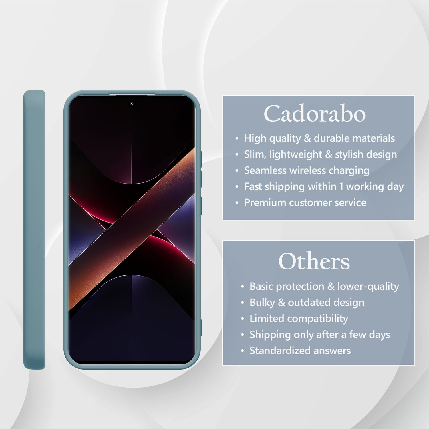 Ein blaues Handy in einer Hülle mit Text über Cadorabo-Produkte.