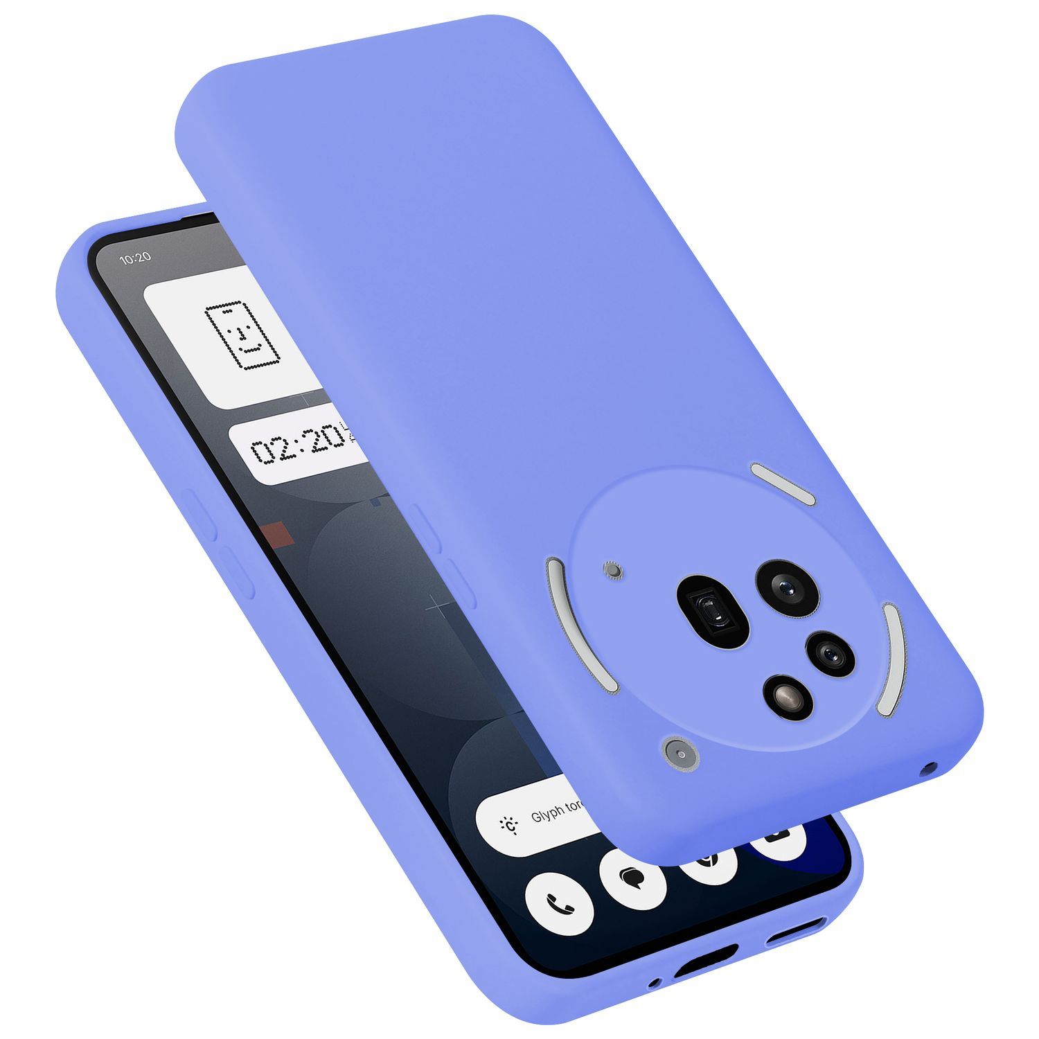 Ein lila Handyhülle liegt auf einem Smartphone mit einem niedlichen Smiley-Display.