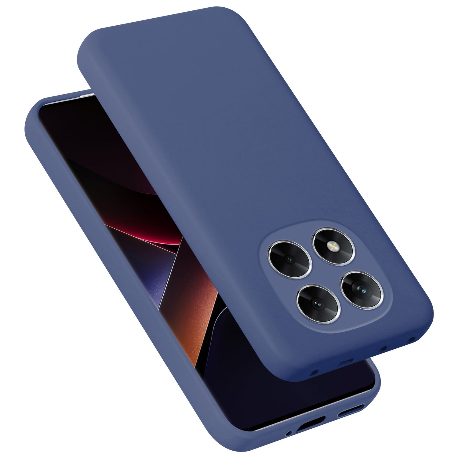 Eine blaue Handyhülle bedeckt teilweise ein Smartphone. Die Hülle hat eine Quad-Kamera.