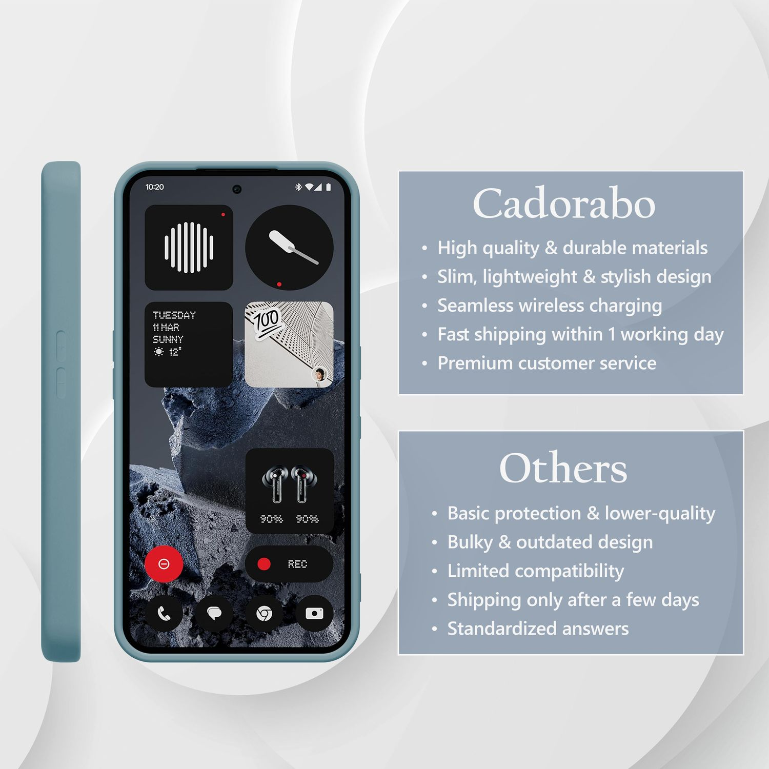 Ein blaues Smartphone mit Widgets und Textfeldern, die Vorteile hervorheben.