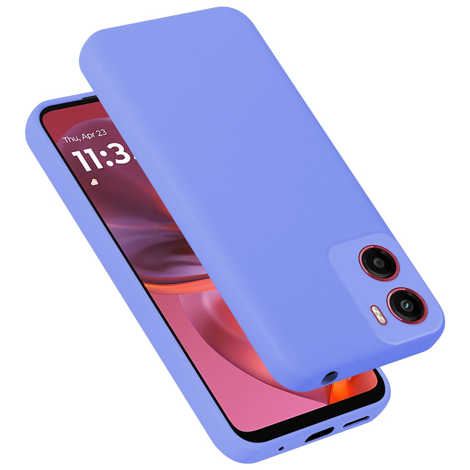 Ein lilafarbener Handyhülle liegt über einem Smartphone mit Uhrzeit 11:3.