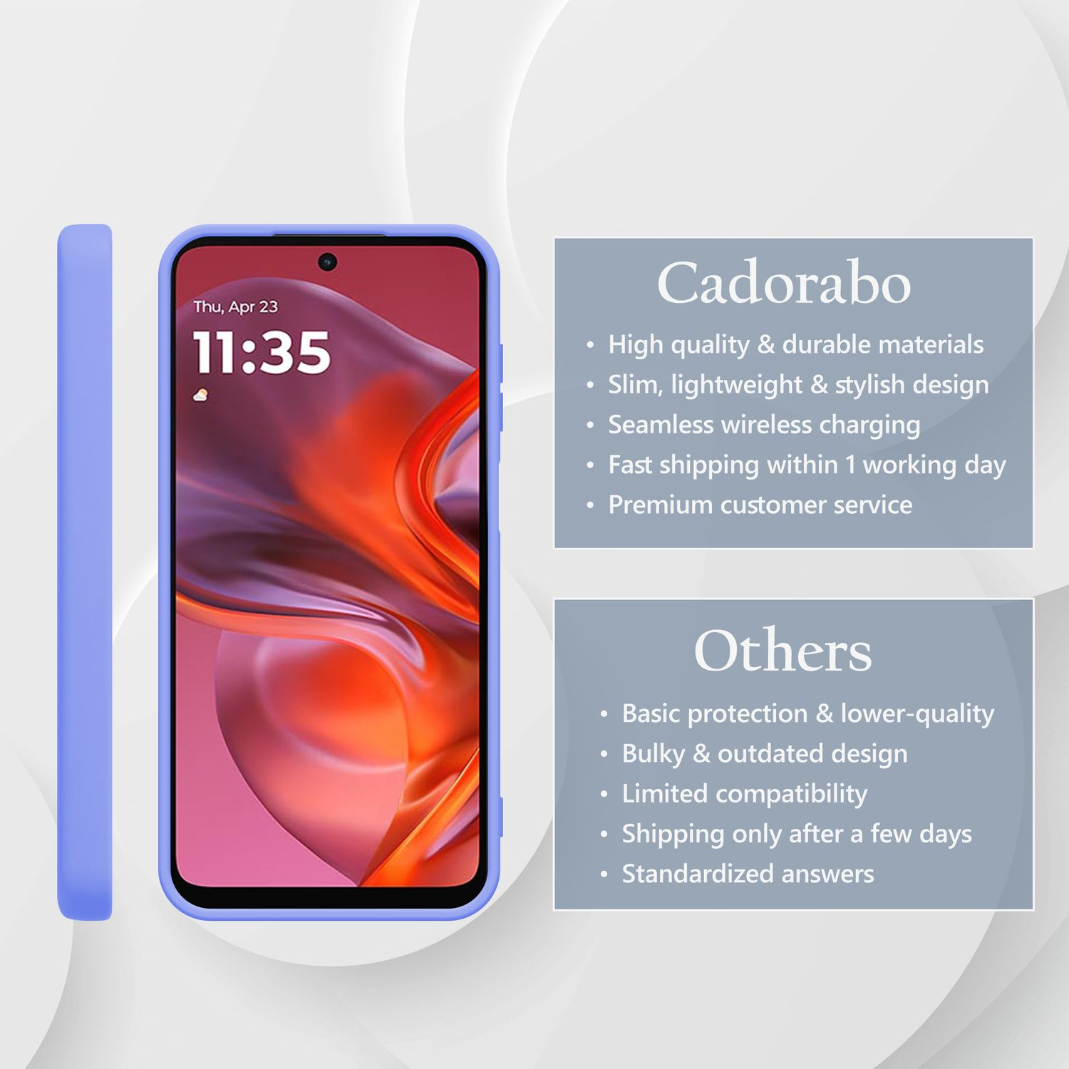 Ein lila Handy mit einer Hülle und Vergleichsinfos zu Cadorabo.