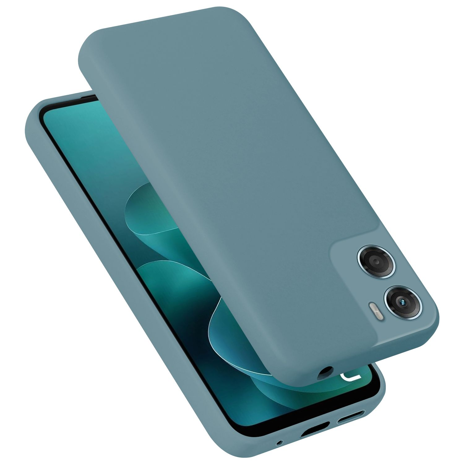 Ein graublaues Handyhülle liegt auf einem Smartphone mit teal-farbenem Hintergrund.