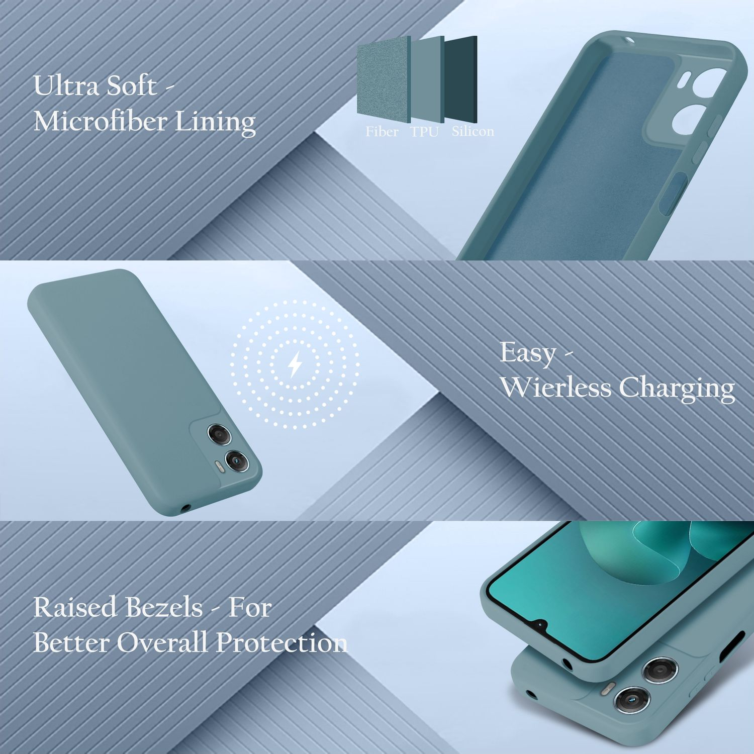 Ein blaues Handy-Case mit Mikrofaser-Innenfutter und erhöhten Rändern.
