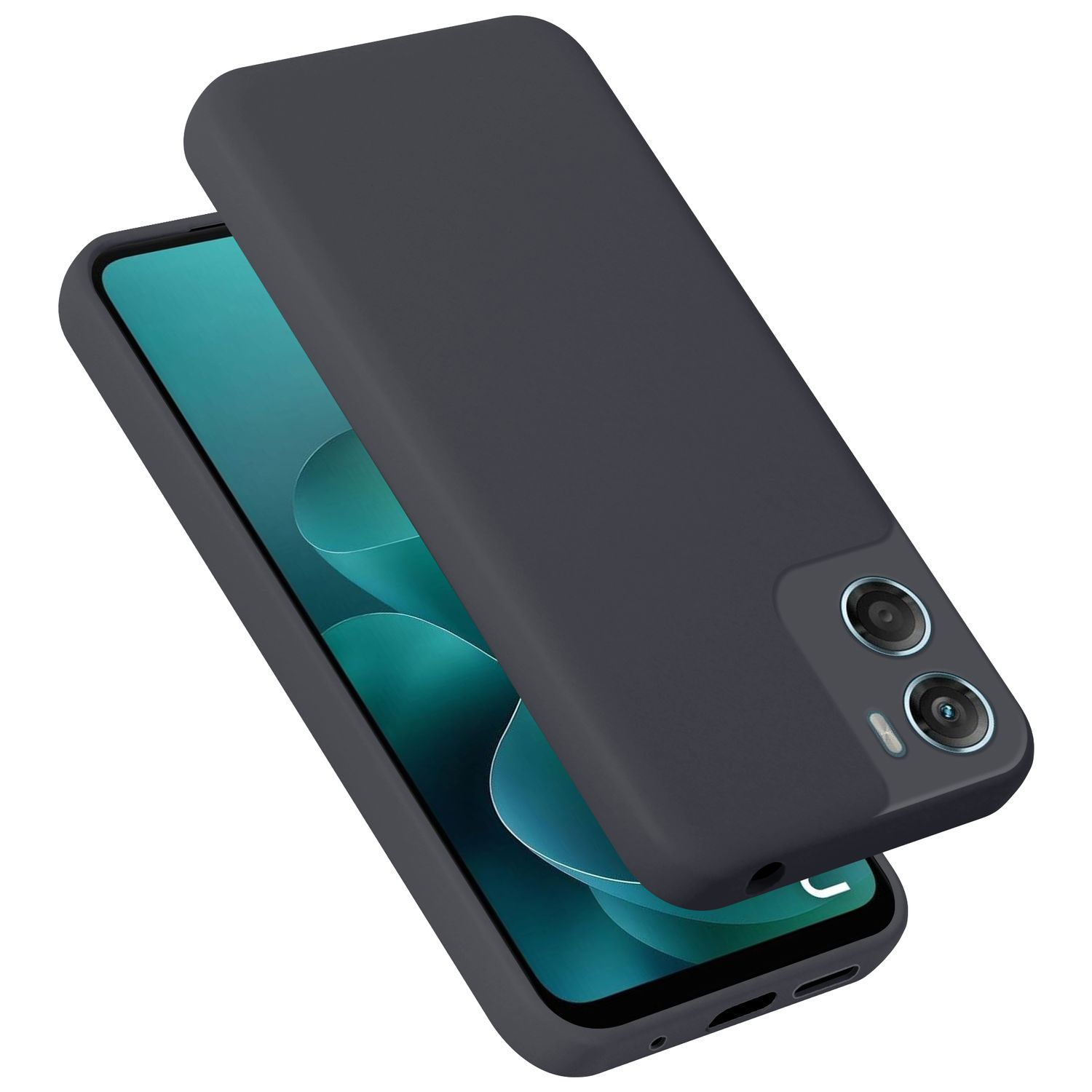Dunkelgraues Handy mit zwei Kameras und einem Bildschirm mit grünen Wellen.