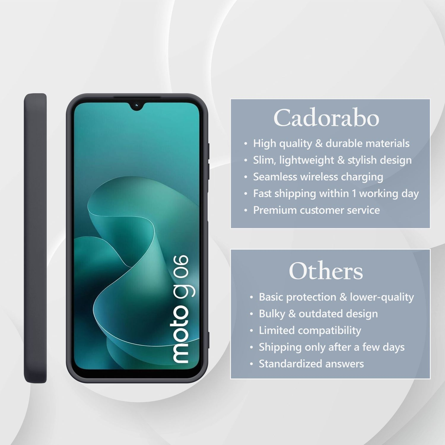Dunkelgraues Handy mit "Cadorabo" und "Others" Listen.