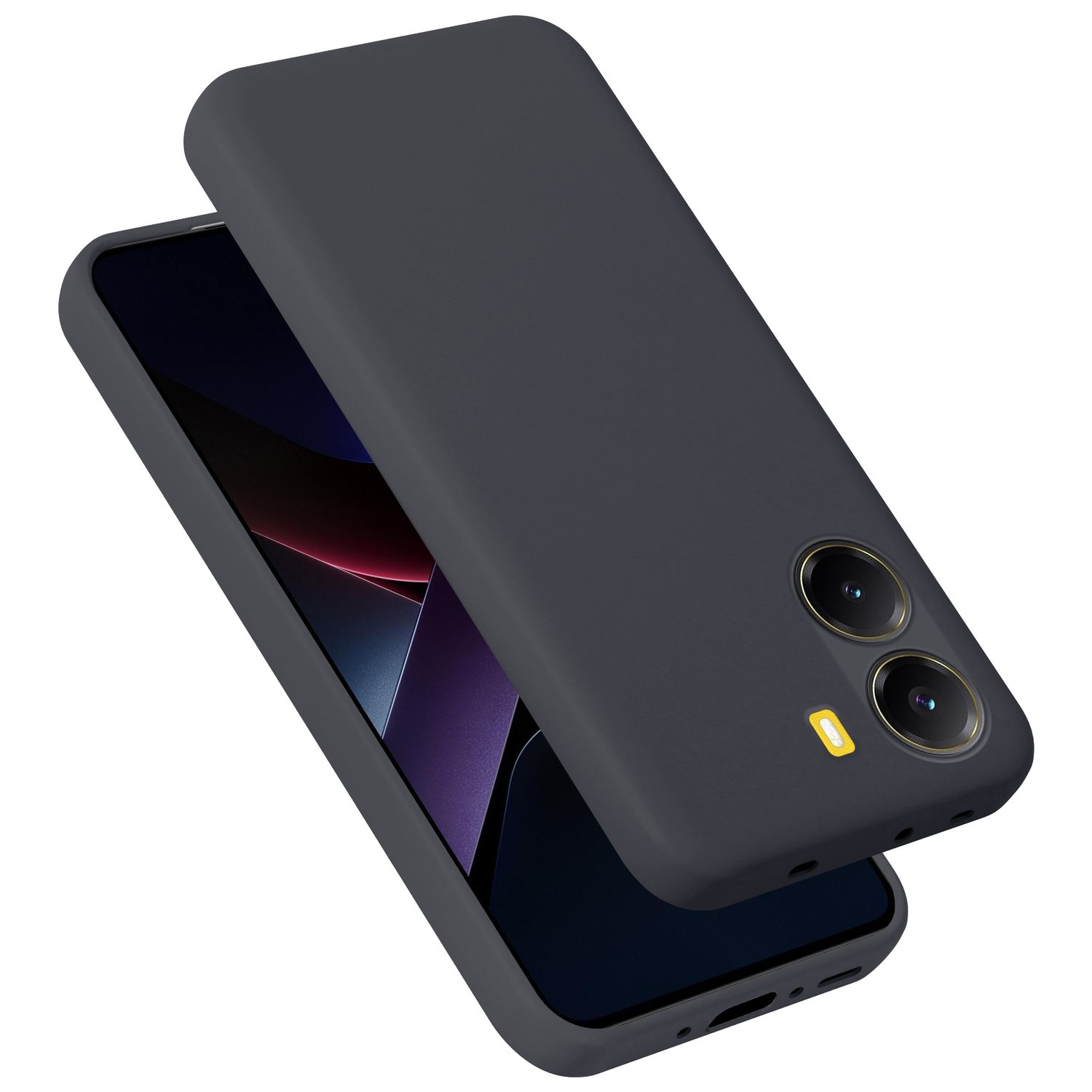 Dunkelgraues Handy mit zwei Kameras und Blitz auf weißem Hintergrund.
