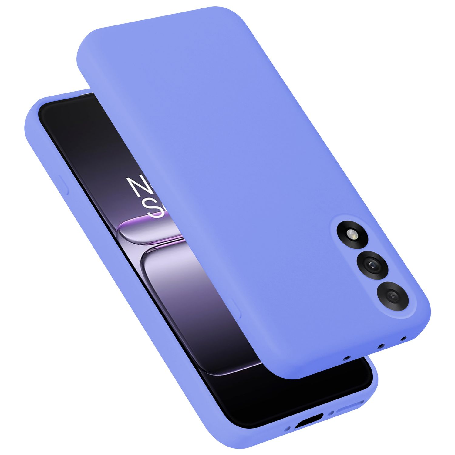 Eine lavendelfarbene Handyhülle bedeckt ein Smartphone mit Dreifachkamerasystem.