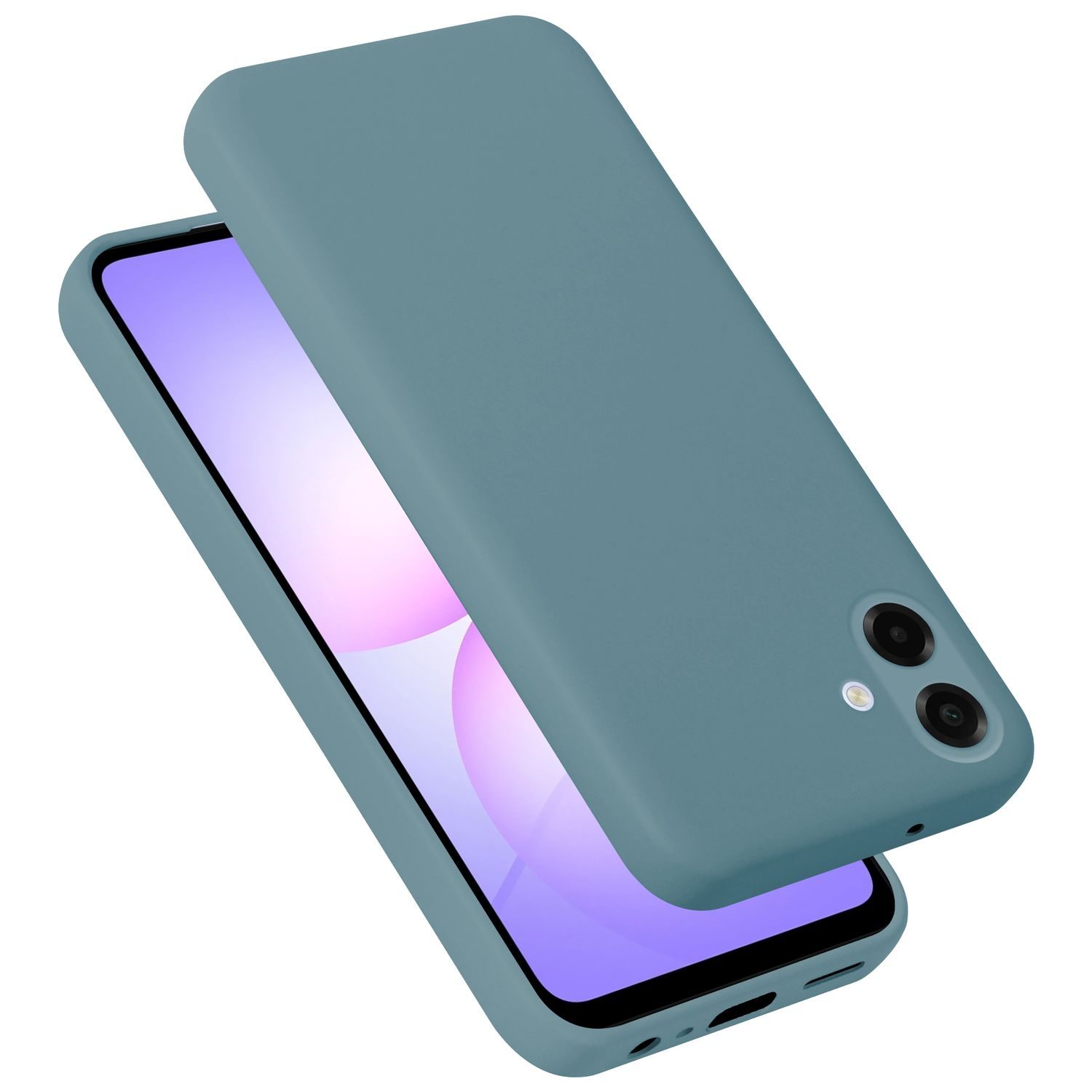 Ein türkisfarbenes Handycover liegt über einem Smartphone mit lila Bildschirm.
