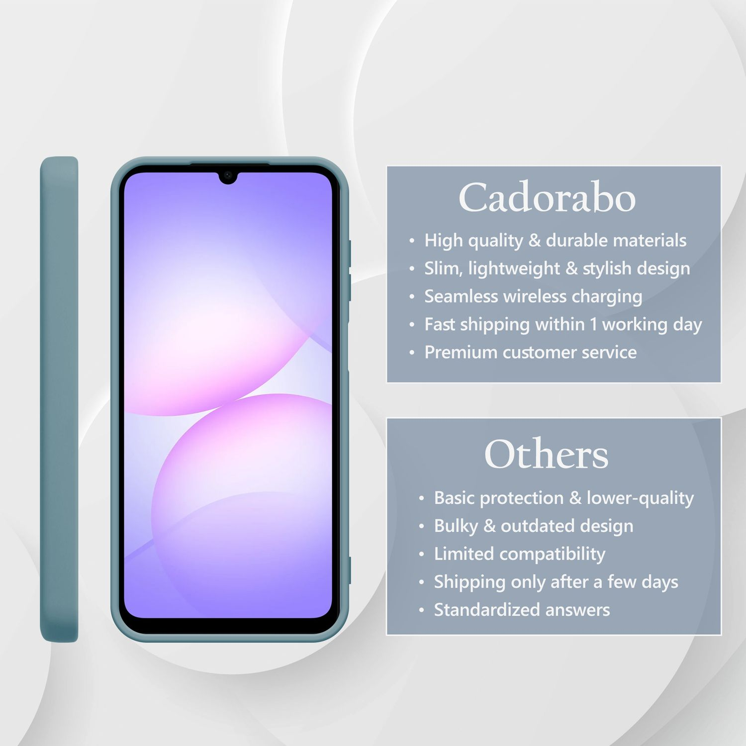 Ein blaues Handy mit Hülle und Produktvergleich.