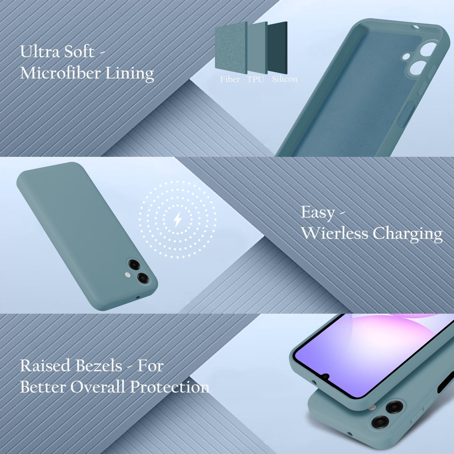 Ein blaues Handyhülle-Set mit Mikrofaserfutter, kabellosem Laden und erhöhten Rändern.