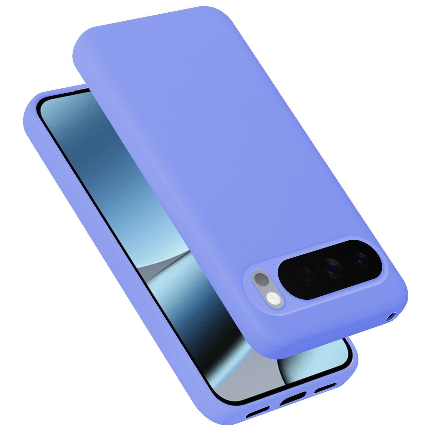 Ein lavendelfarbener Handy-Case liegt über einem Smartphone. Die Kamera ist sichtbar.
