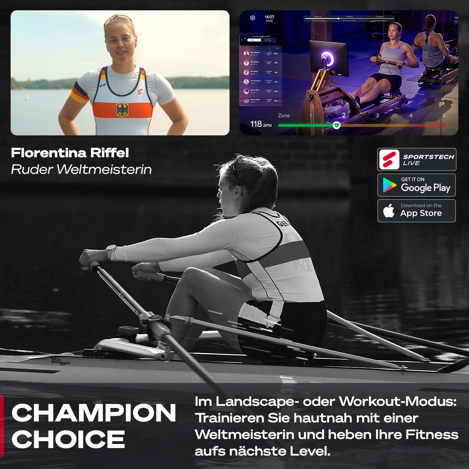 Florentina Riffel rudert auf einem Ergometer, daneben eine Trainings-App.