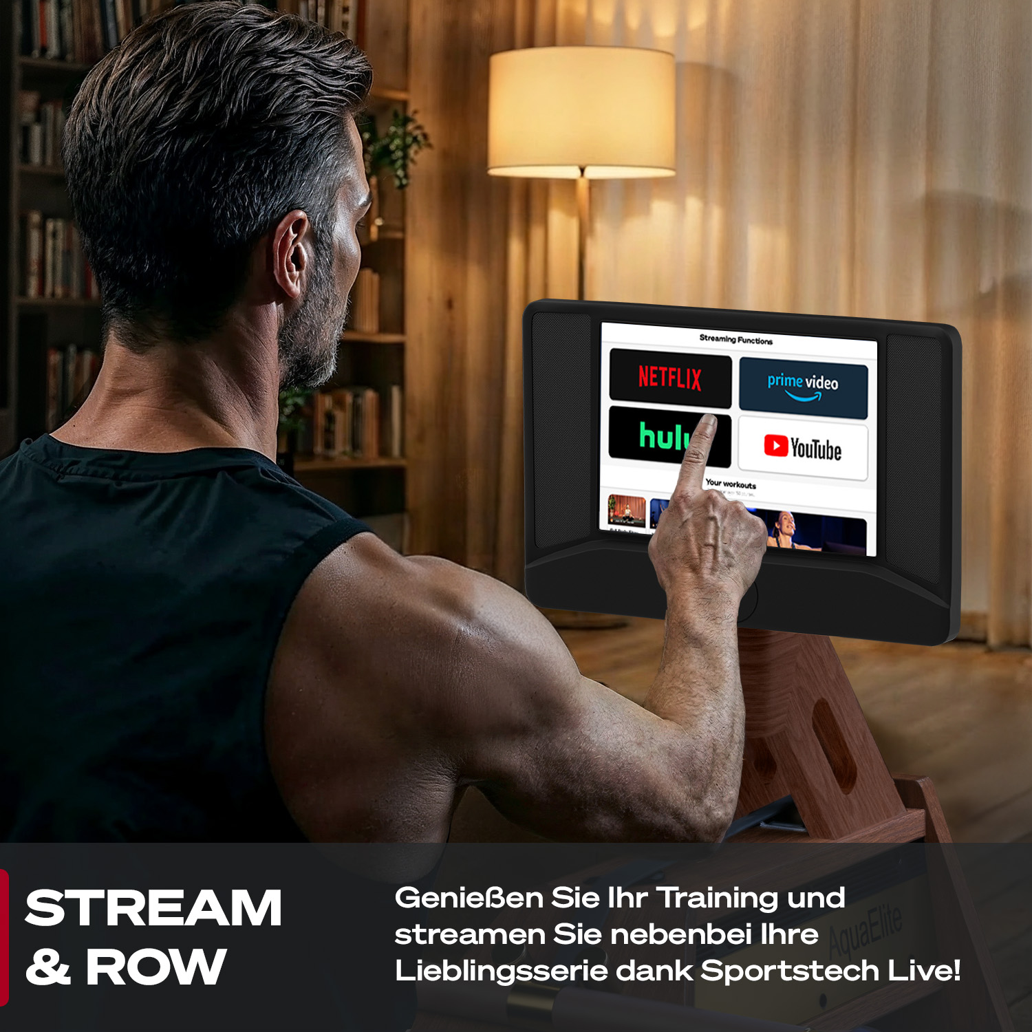 Mann trainiert auf Rudergerät, Bildschirm zeigt Streaming-Apps wie Netflix.