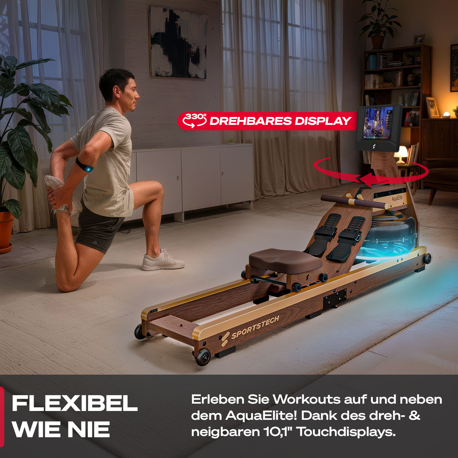 Mann dehnt sich neben Rudergerät mit drehbarem Display. Flexibel wie nie.