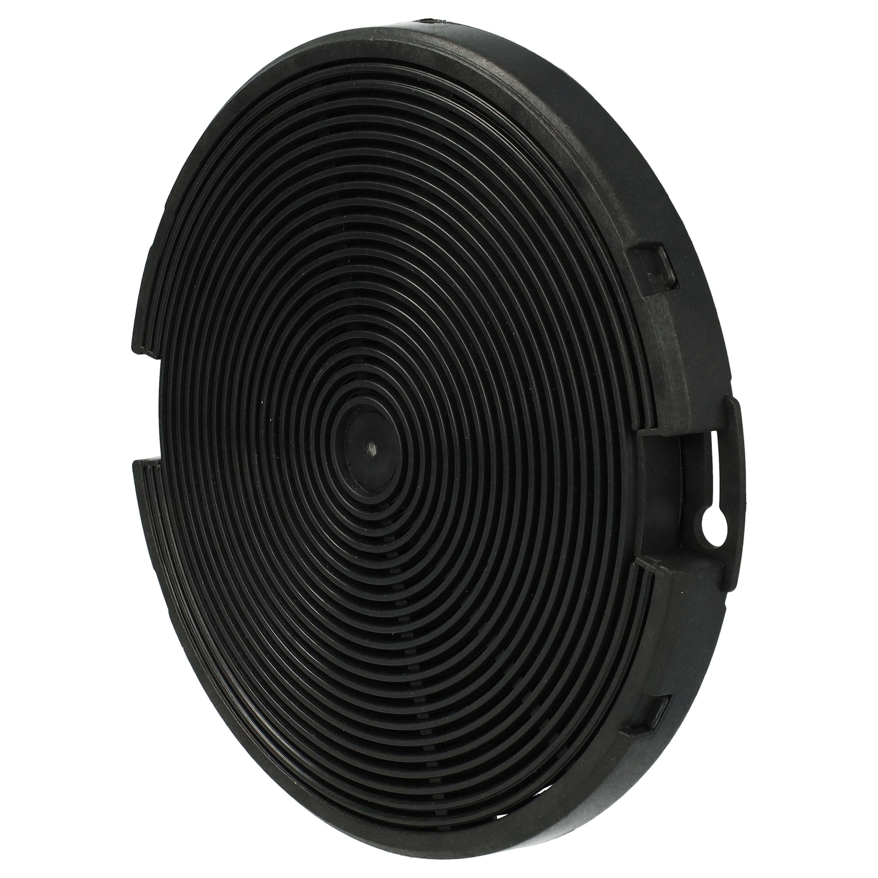 Ein schwarzer Aktivkohlefilter mit konzentrischen Rillen und seitlichen Clips.