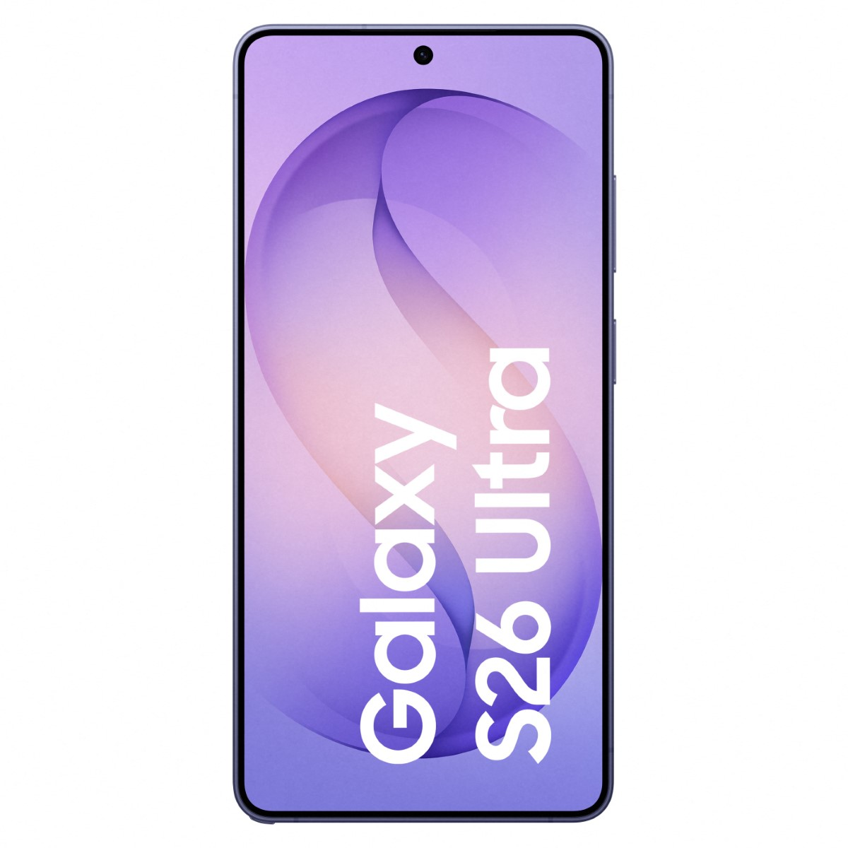 Ciemny smartfon Samsung Galaxy S26 Ultra z fioletowym tłem.