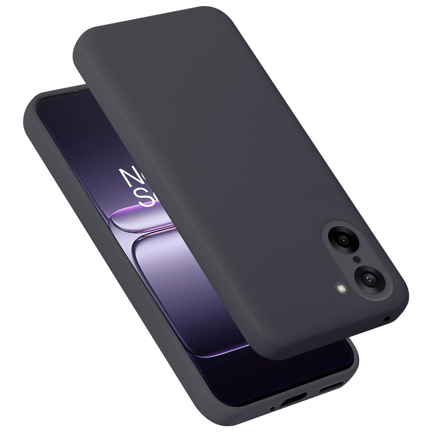 Dunkelgraues Handycase über einem Smartphone mit lila Bildschirm.