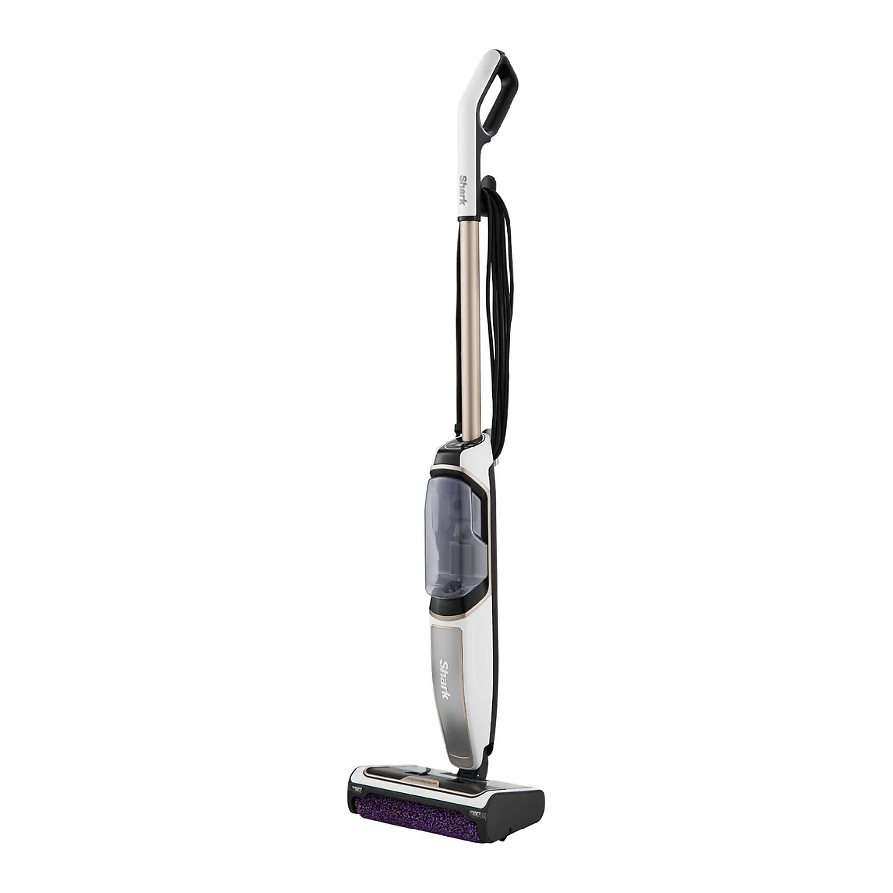 Biało-złoty mop parowy Shark z fioletową głowicą szczotkową.