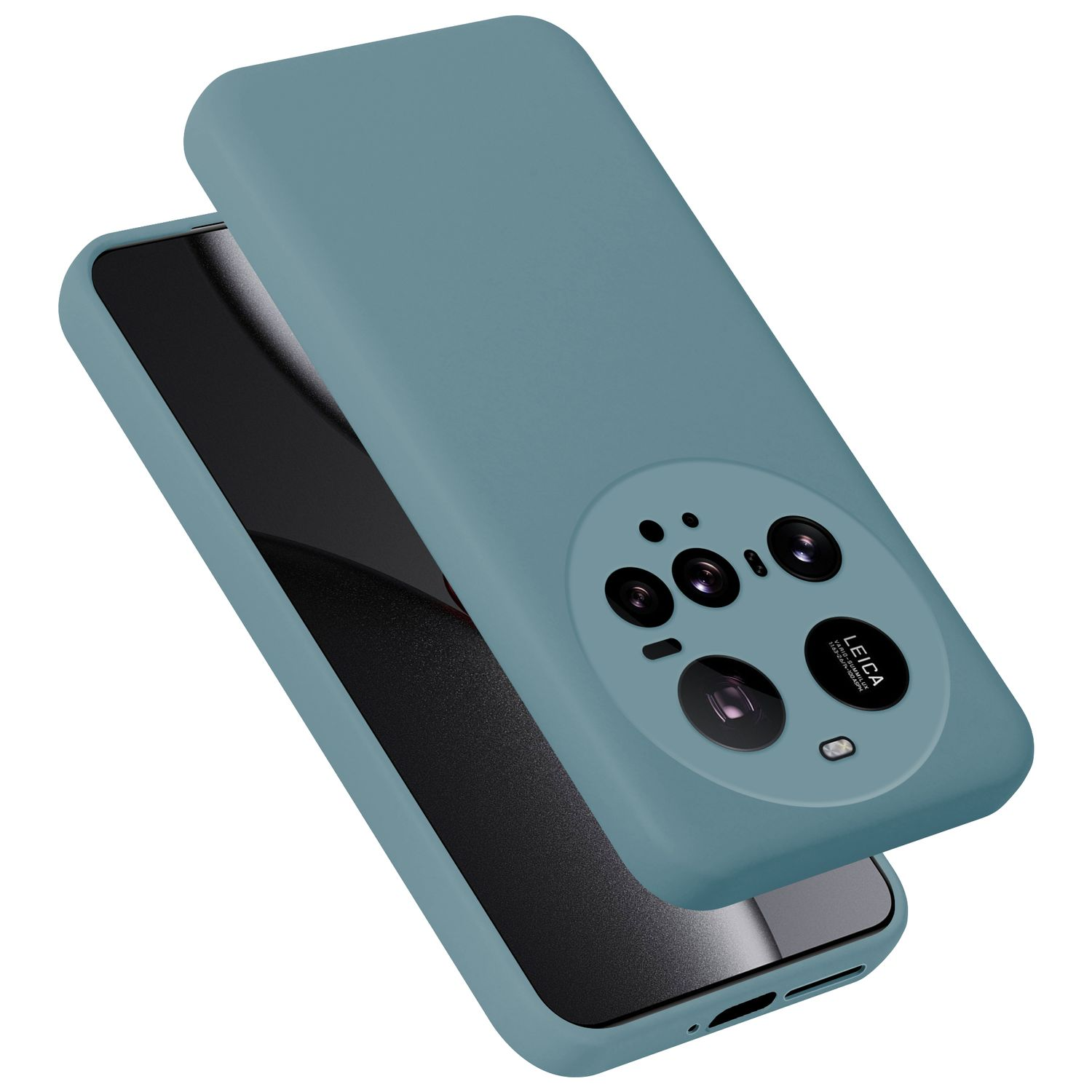 Blaue Handyhülle mit vier Kameras und LEICA-Logo auf weißem Hintergrund.