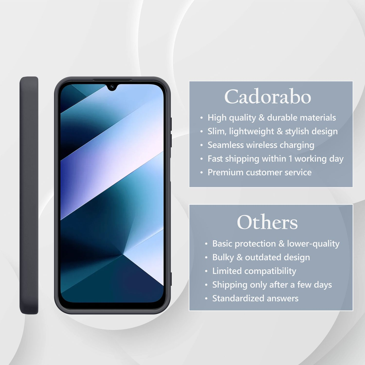 Dunkelgraues Handy mit stilvollem Design und Textvergleich.