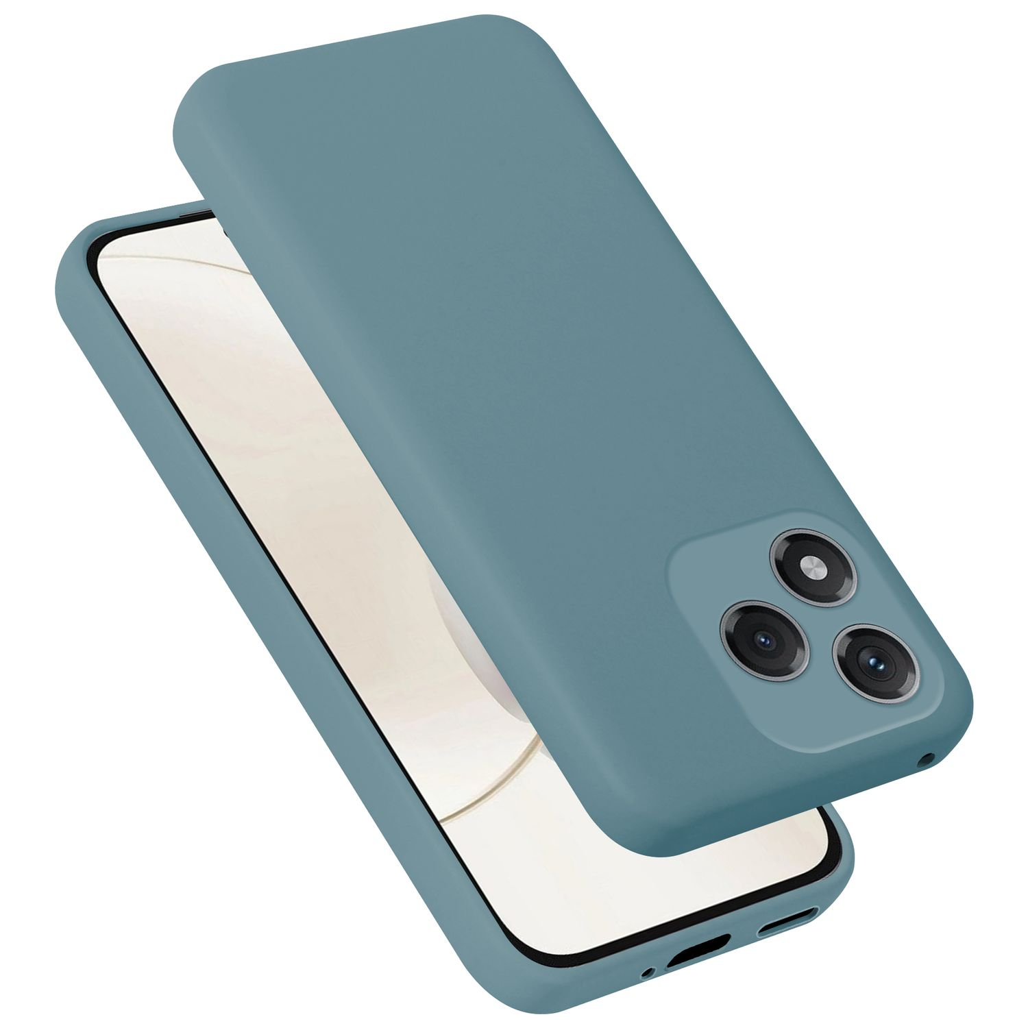 Blaue Handyhülle mit drei Kameras auf weißem Hintergrund.