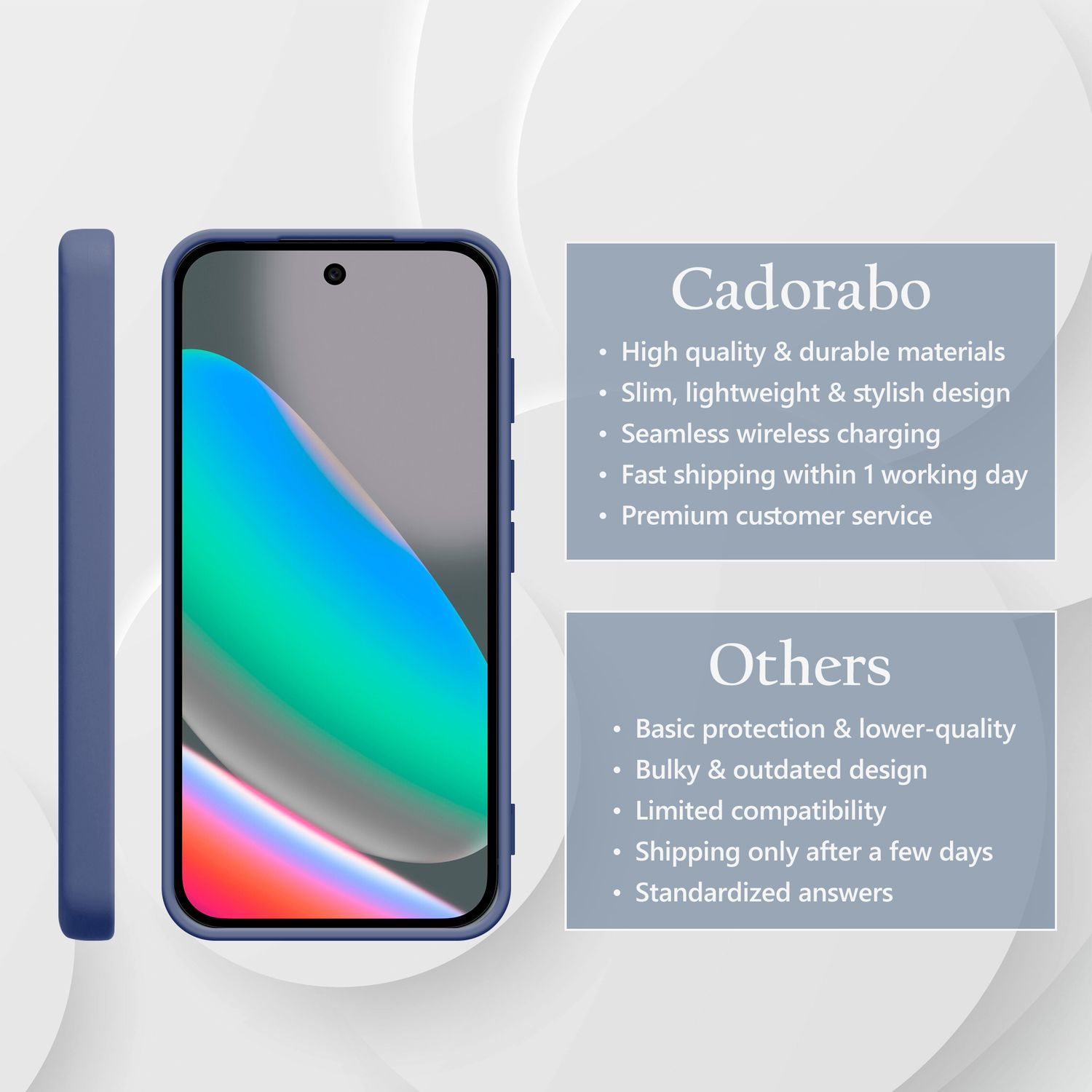 Blaue Handyhülle und Smartphone-Vergleichstabelle mit Cadorabo-Funktionen.