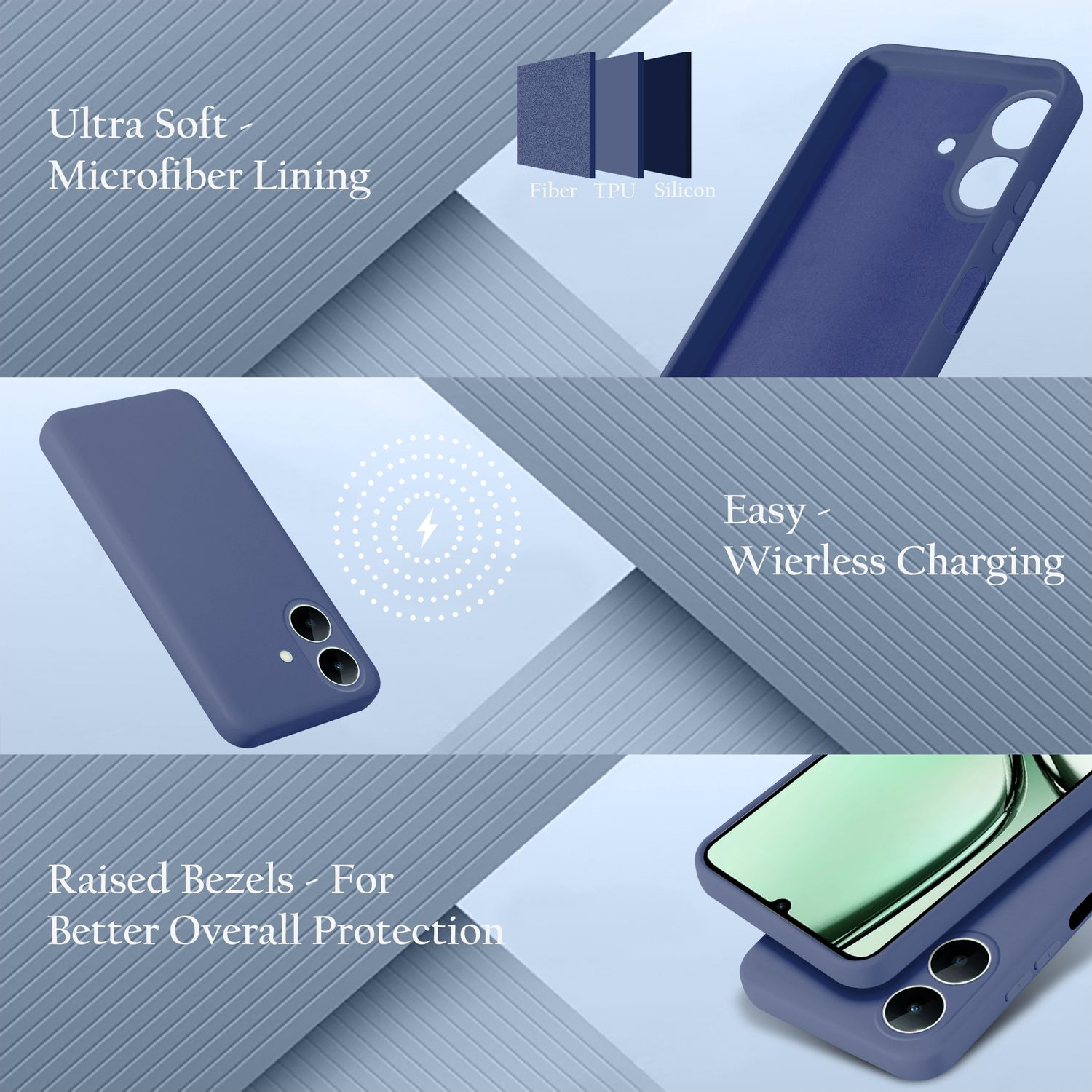 Eine blaue Handyhülle mit Mikrofaserfutter, kabellosem Laden und erhöhten Rändern.