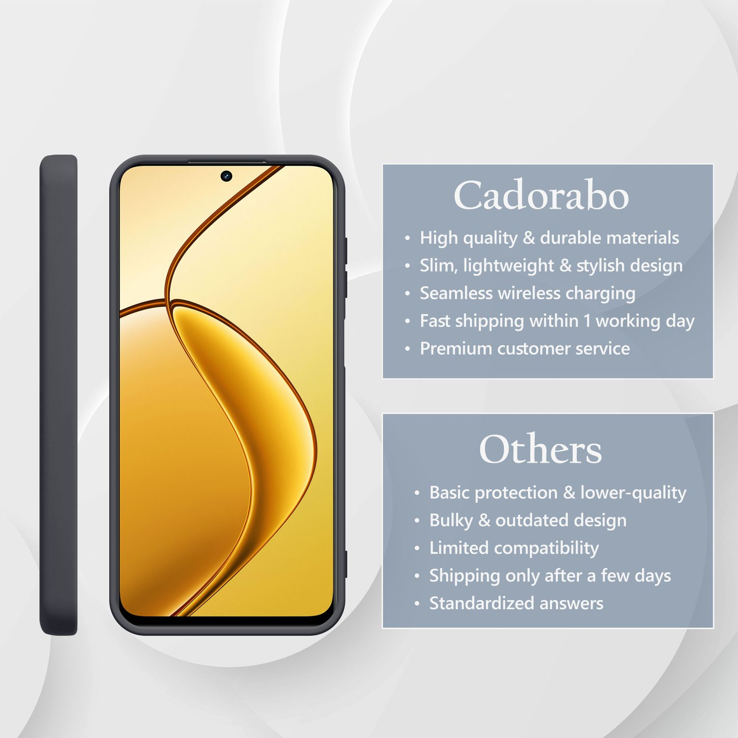 Dunkles Smartphone mit gelbem Hintergrund und Produktmerkmalen.