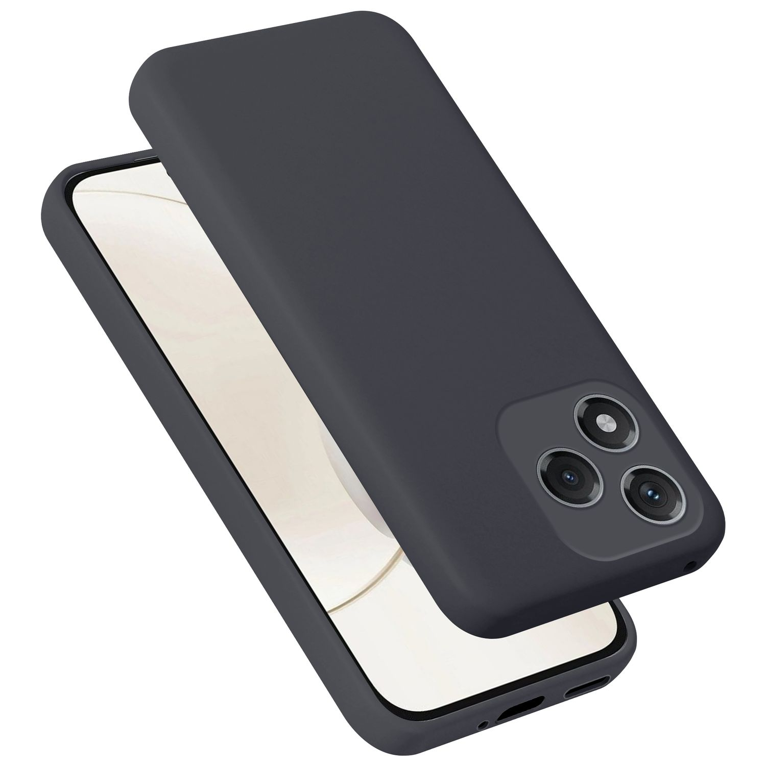 Dunkelgraues Handyhülle über einem Smartphone mit drei Kameralinsen.
