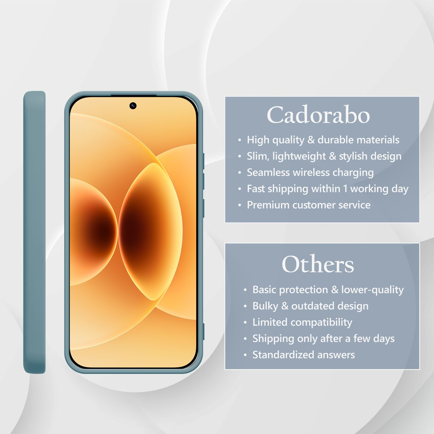 Ein blaues Handyhülle liegt neben einem Handy mit orangefarbenem Hintergrund.