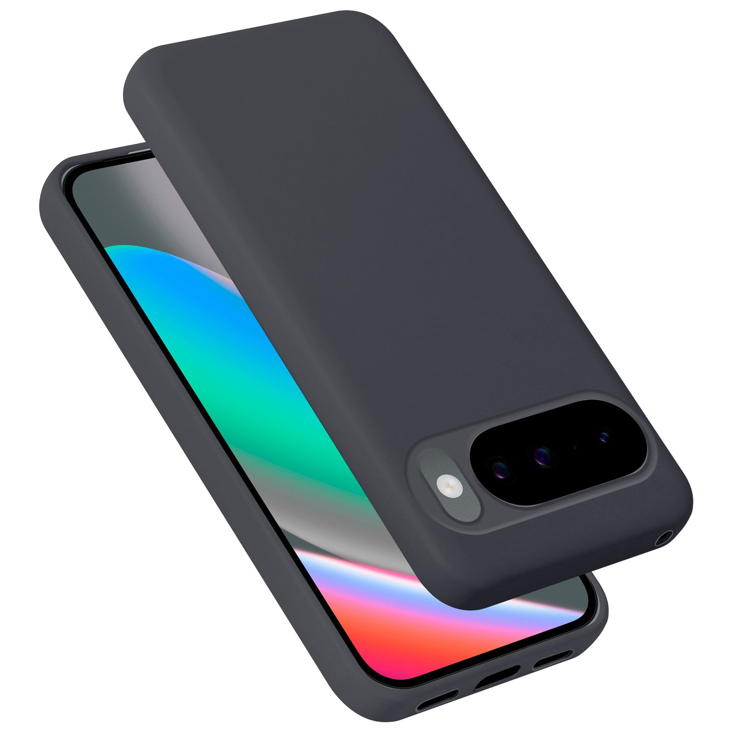 Dunkelgraues Handyhülle über einem Smartphone mit bunter Anzeige.