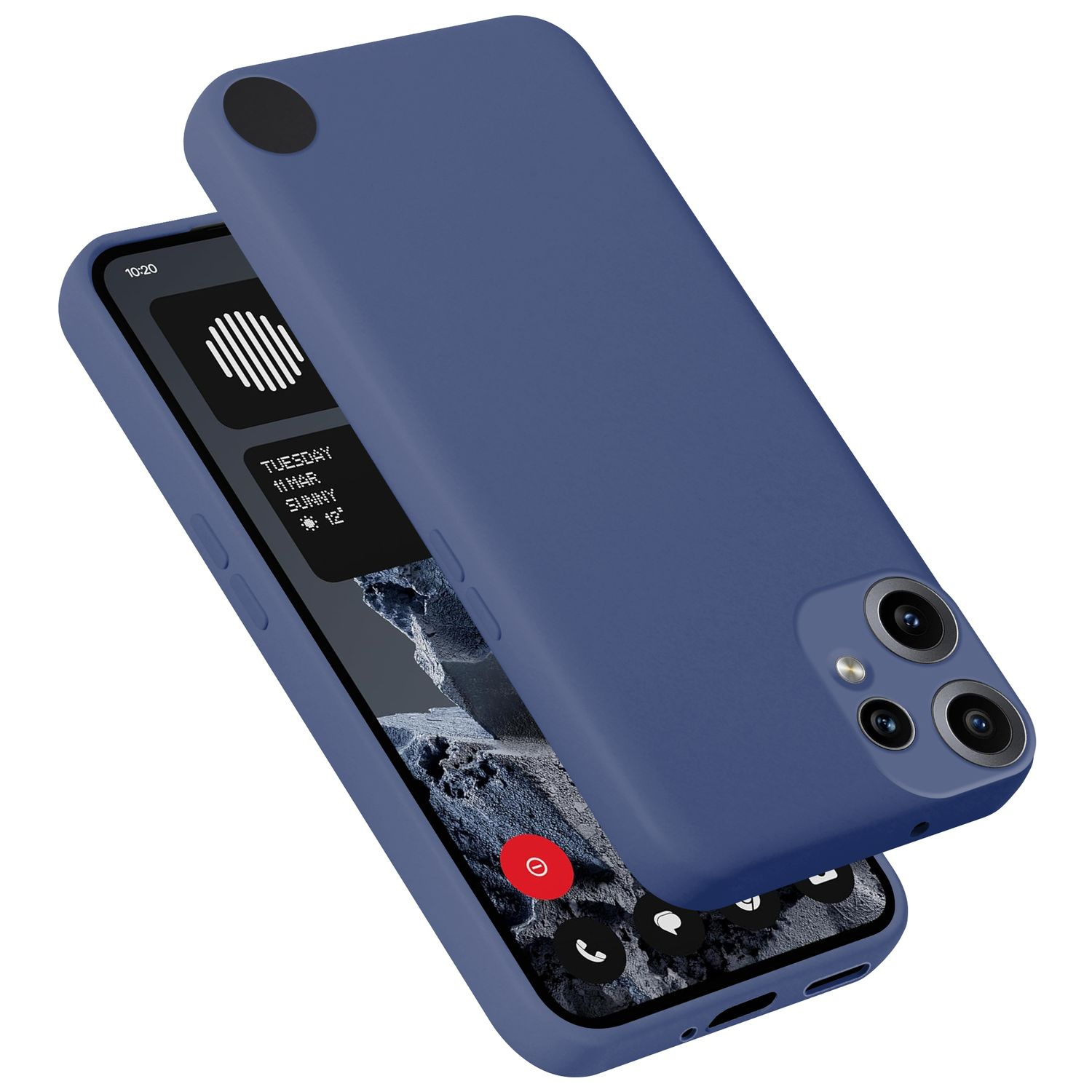 Blaue Handyhülle mit Smartphone, das auf dem Bildschirm einen roten Kreis zeigt.