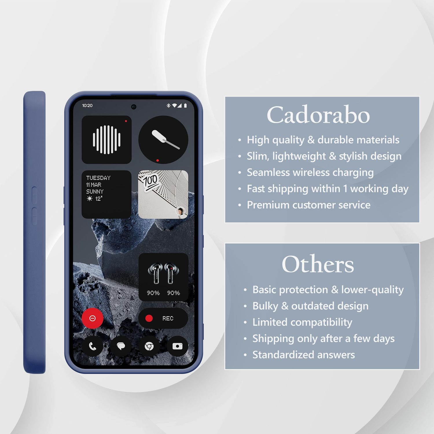 Blaue Handyhülle neben Smartphone mit Widgets. Vergleicht Cadorabo mit anderen.