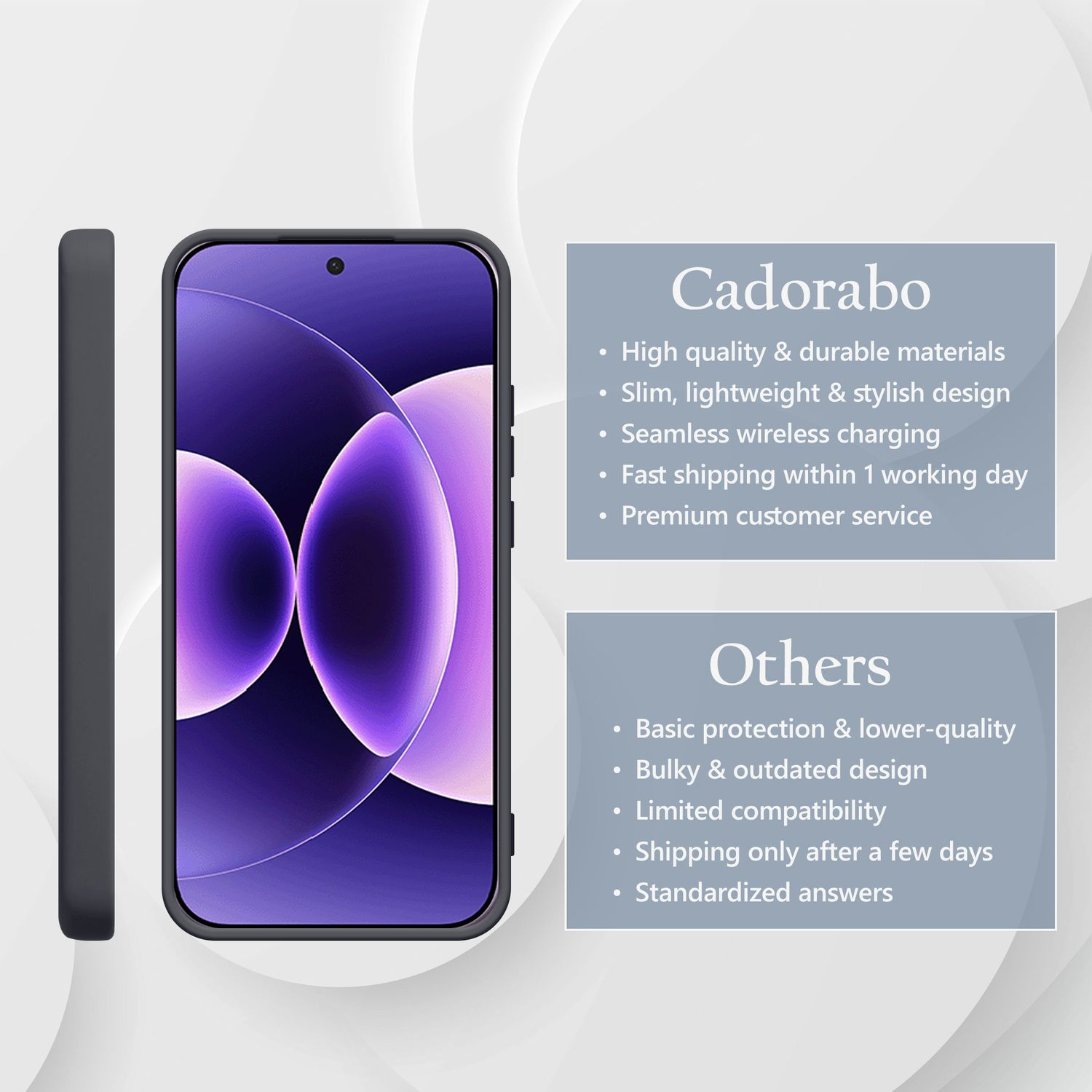 Dunkelgraues Handyhülle neben Smartphone mit lila Hintergrund. Cadorabo vs. Andere.