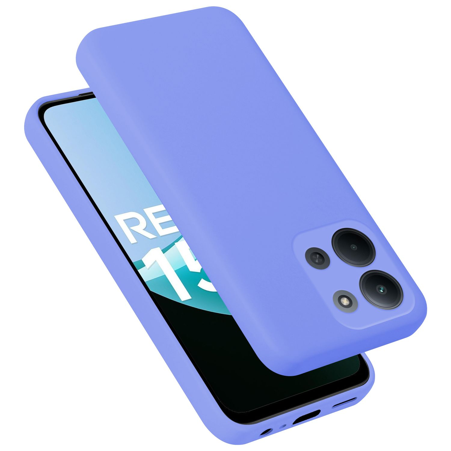 Ein lila Handyhülle liegt über einem Smartphone mit der Aufschrift RE 11.