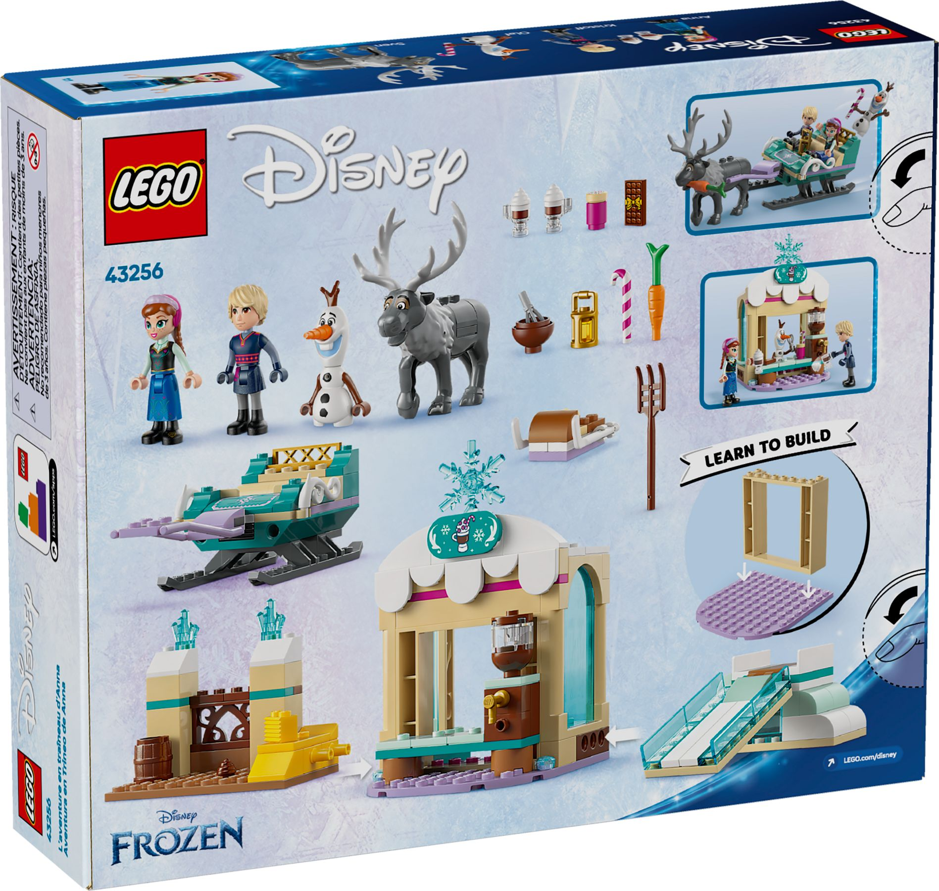 LEGO Disney Froze Bauset mit Figuren, Schlitten, Rentier und Gebäuden.