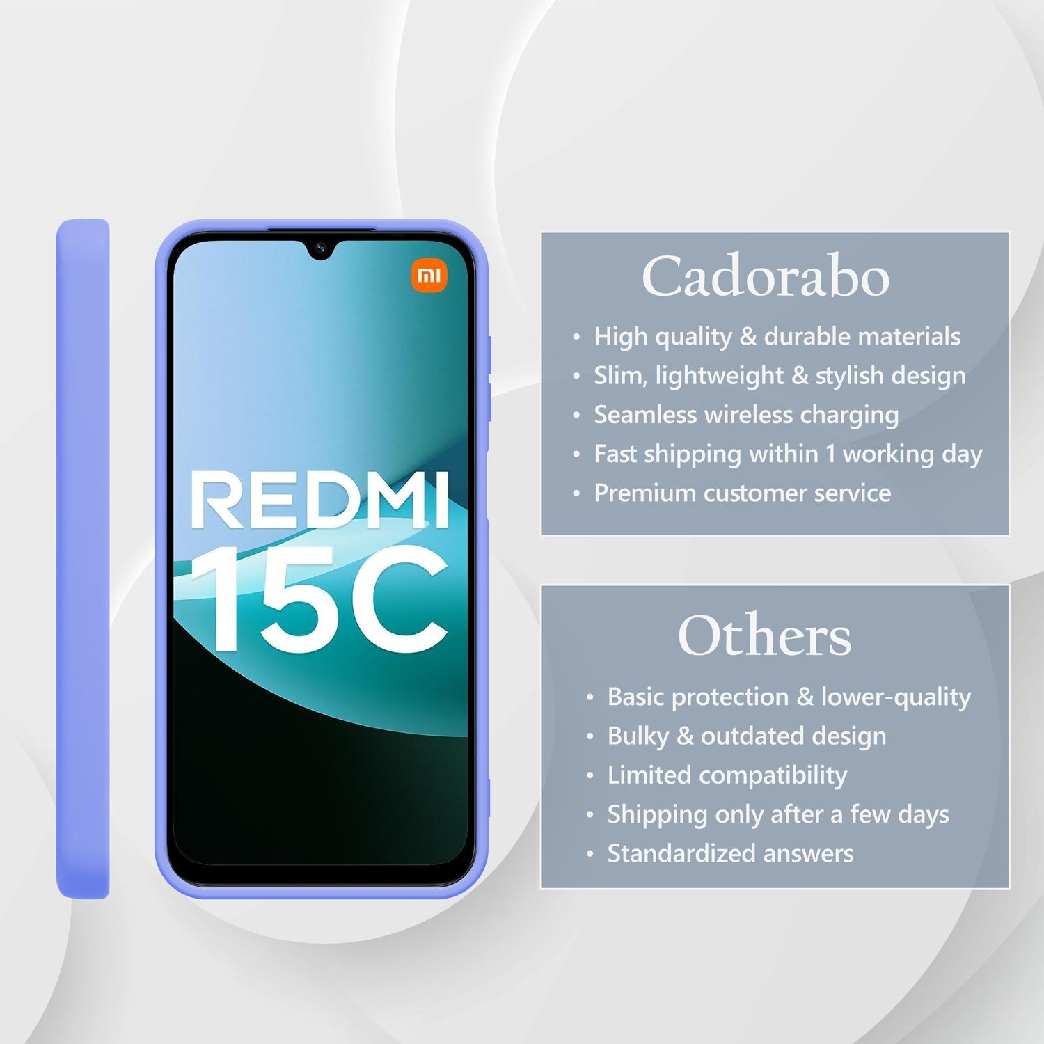 Lila Handyhülle für Redmi 15C neben einem Telefon mit dem Mi-Logo.