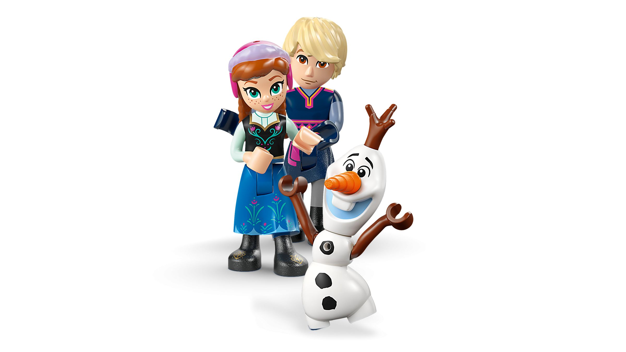 Drei Lego-Figuren: Anna, Kristoff und Schneemann Olaf mit Orangen-Nase.