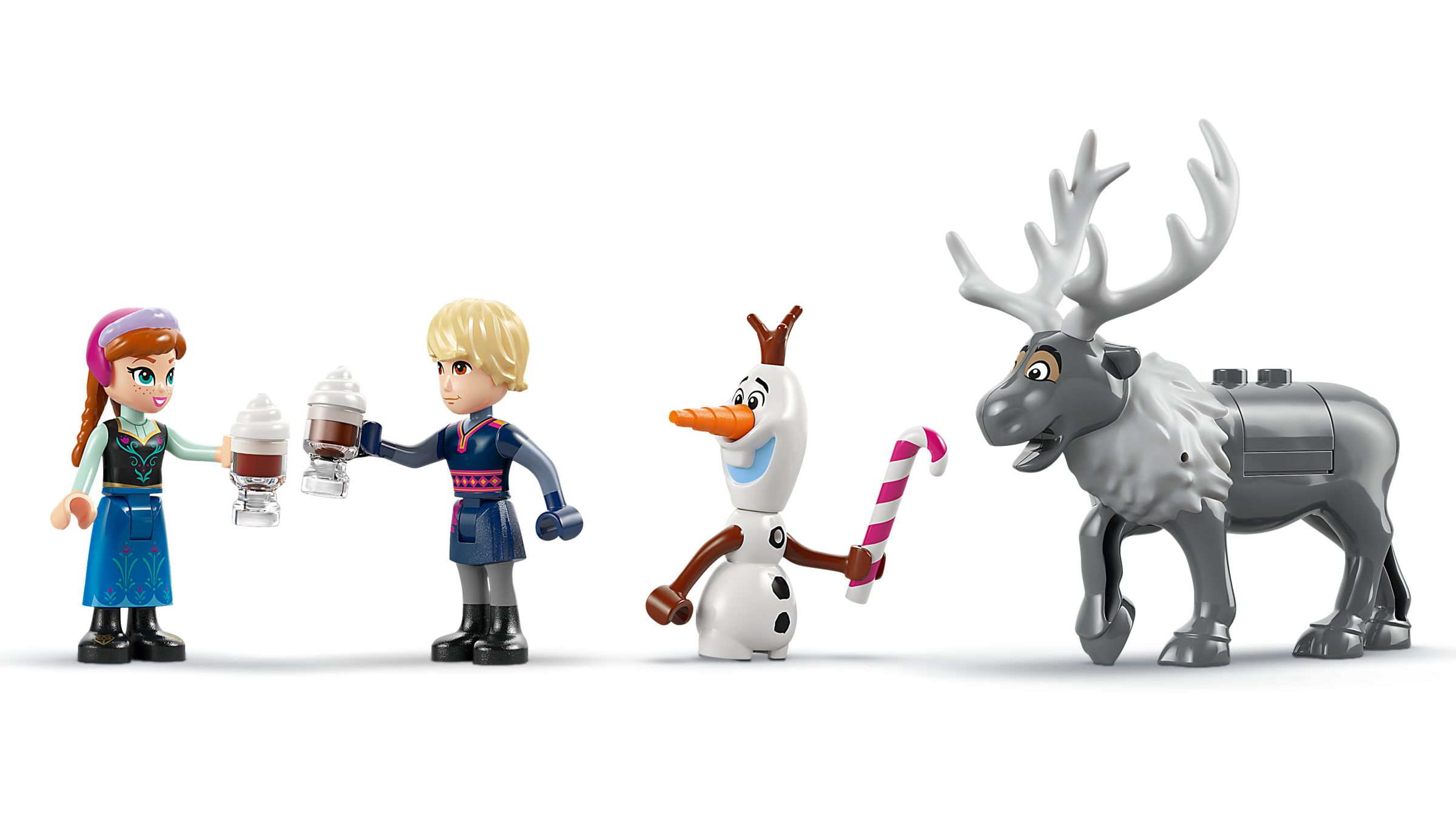Anna, Kristoff, Olaf und Sven mit Getränken und einem Zuckerstangen-Spielzeug.
