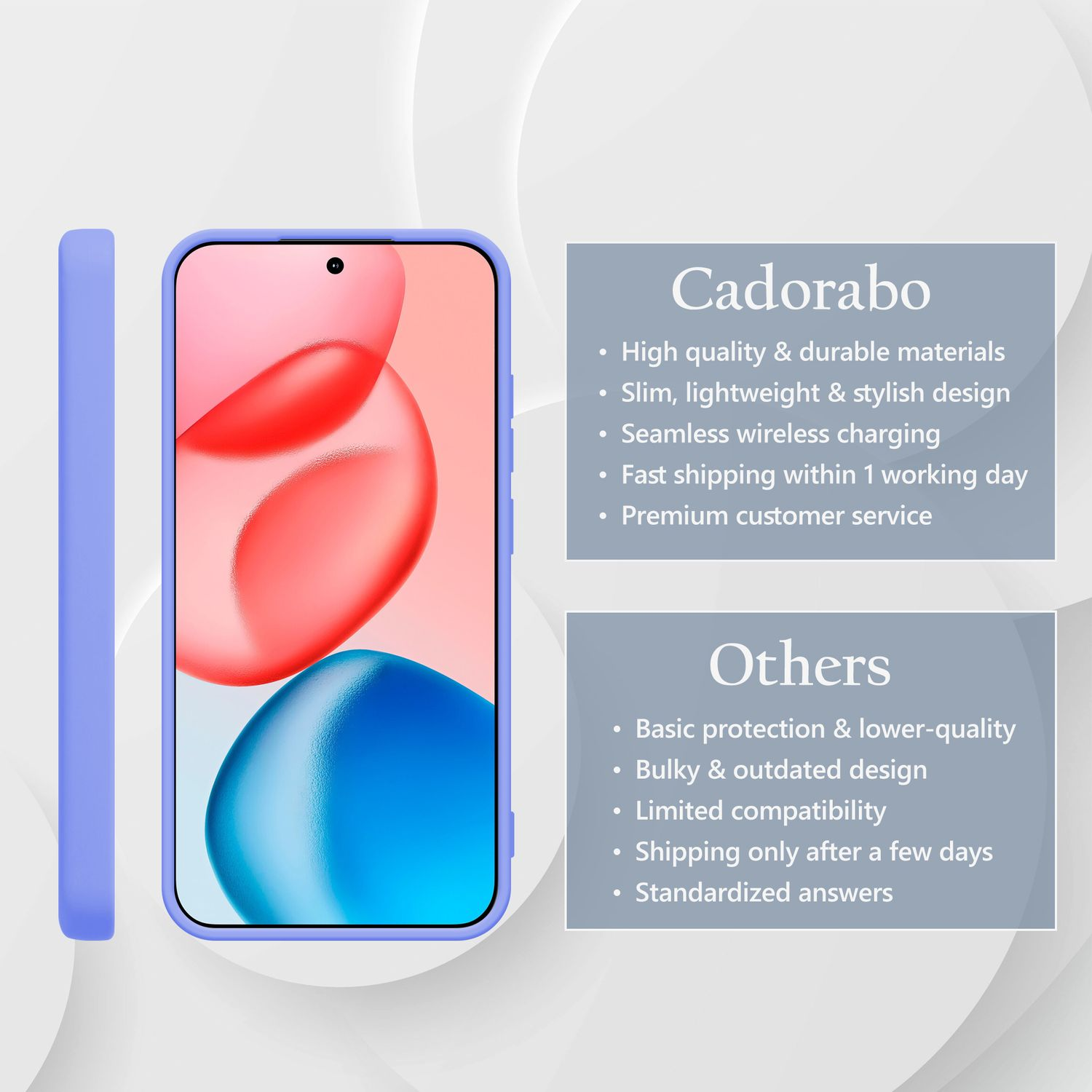 Ein lilafarbenes Handycase und ein Smartphone mit bunter Anzeige. Text über Cadorabo.