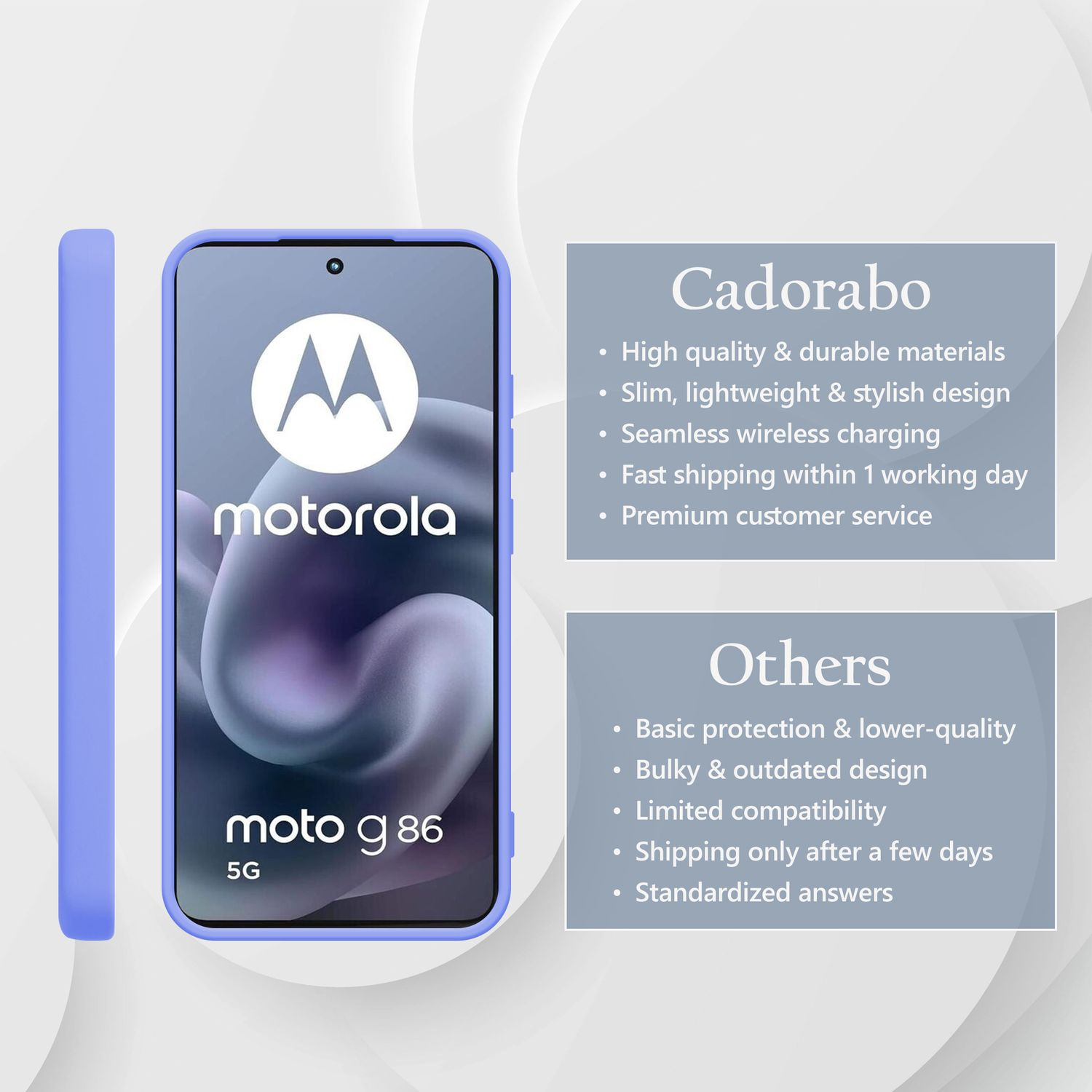 Ein lila Motorola Moto G 86 mit Cadorabo-Hülle und Vergleichsliste.
