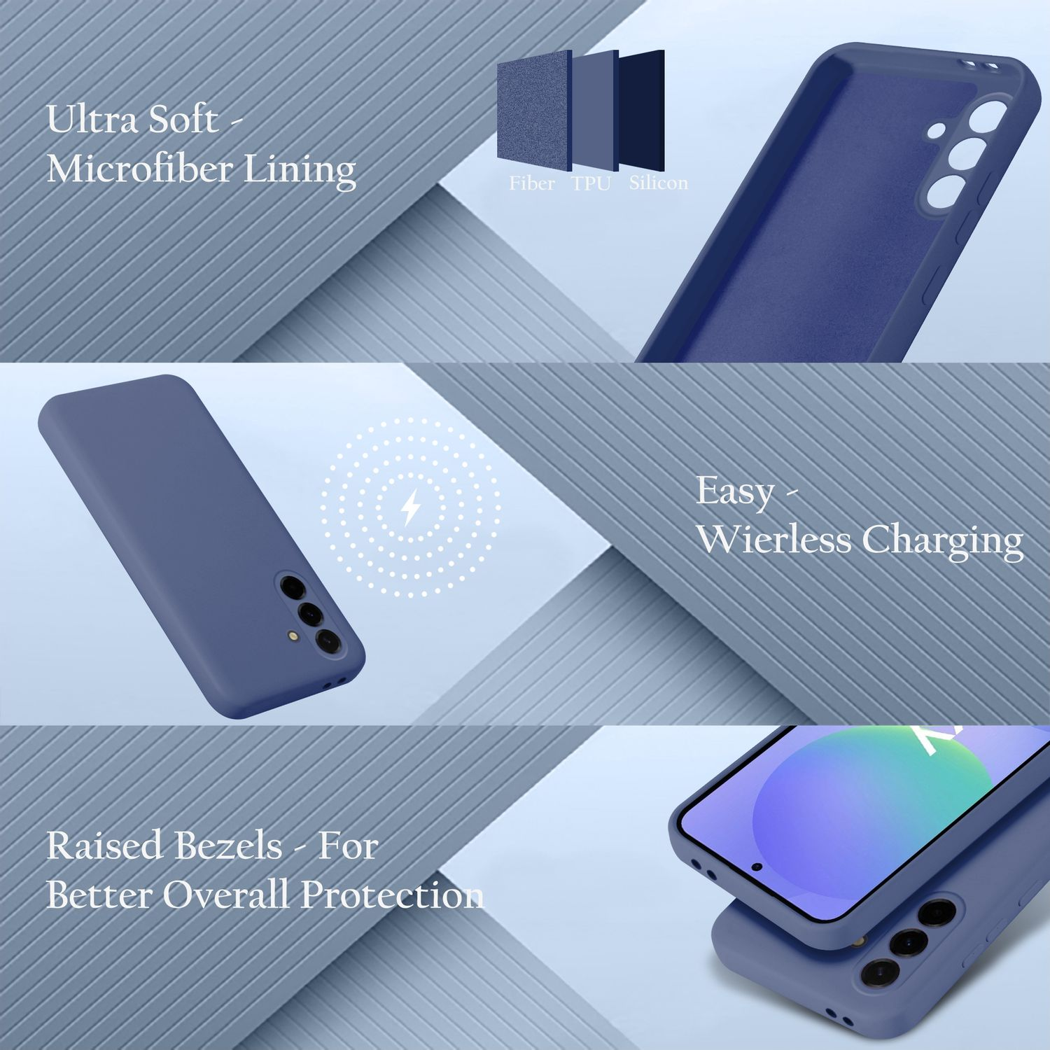 Eine blaue Handyhülle mit Mikrofaserfutter, kabellosem Laden und erhöhten Rändern.