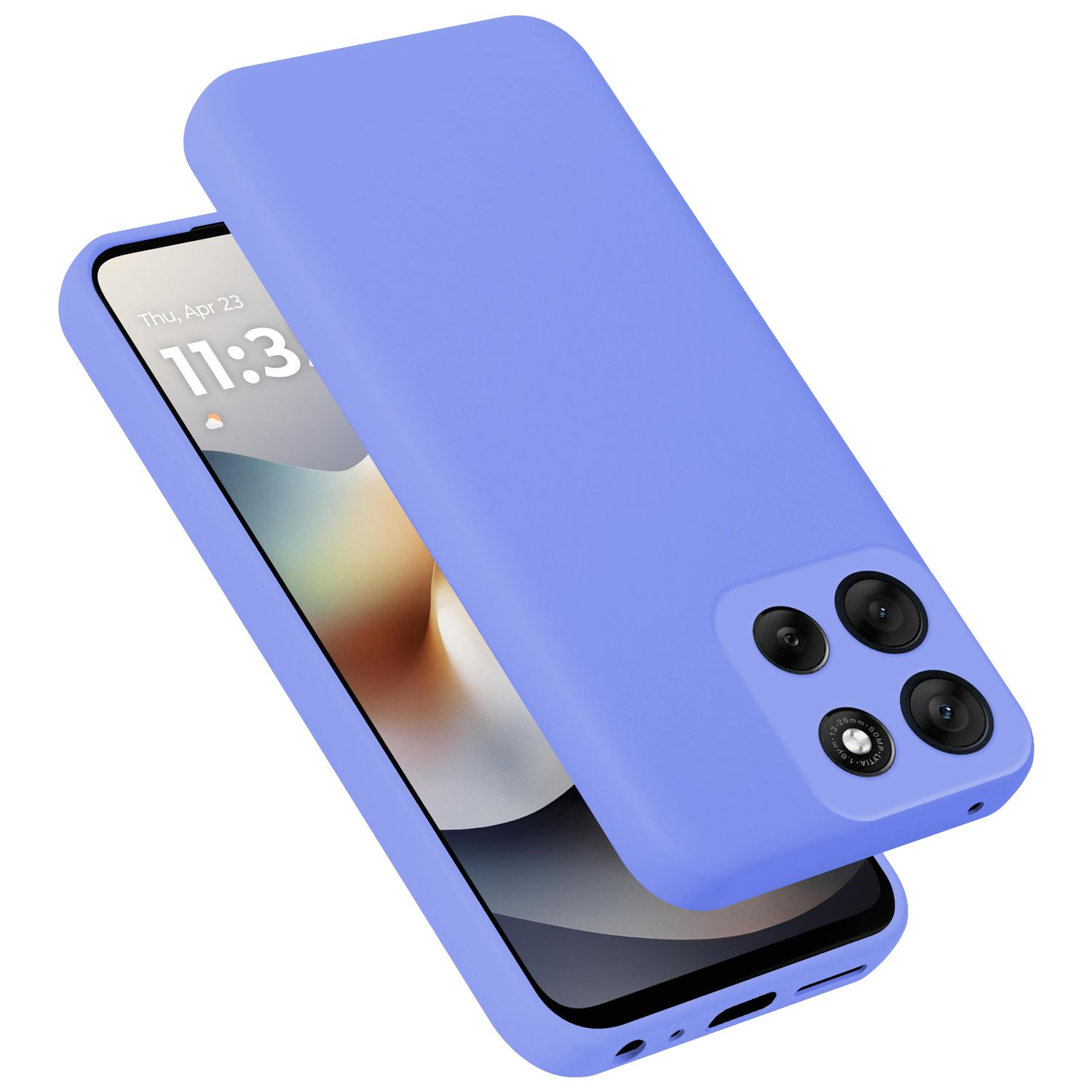 Ein lavendelfarbener Handyhülle liegt über einem Smartphone.
