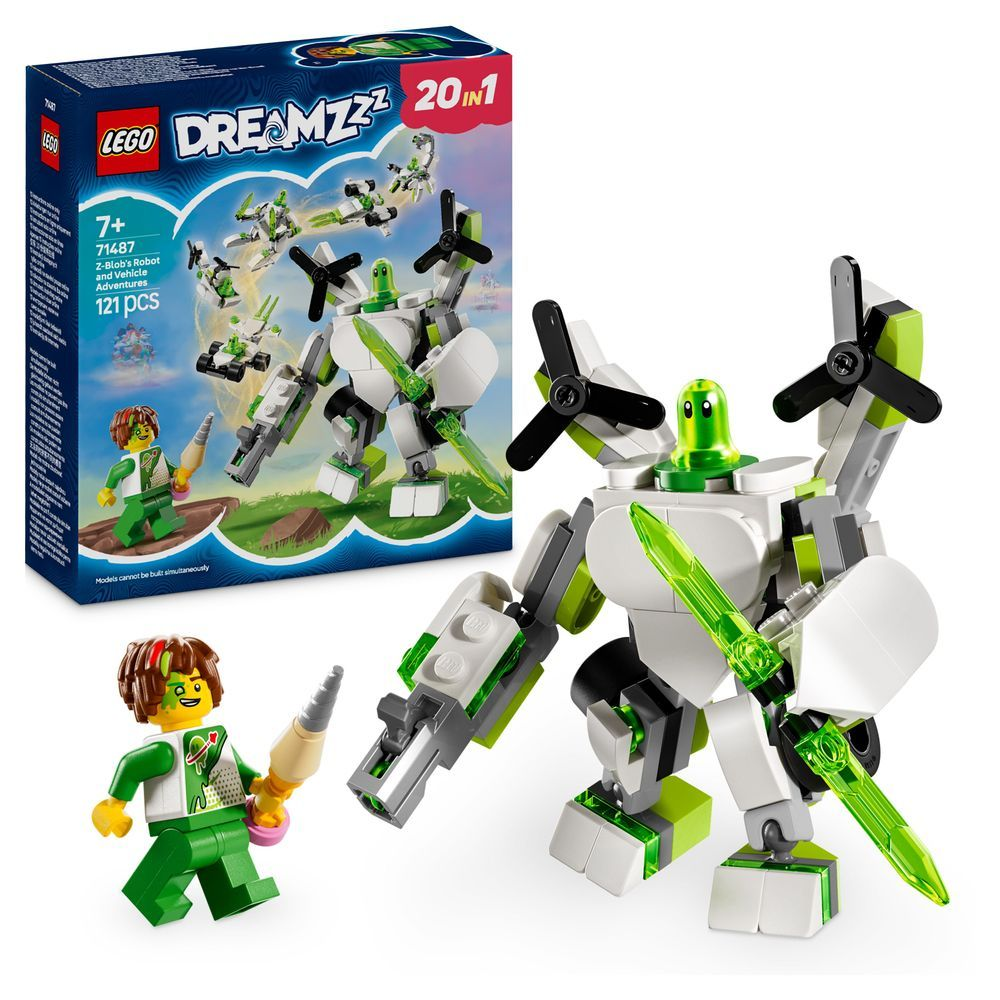 Un robot Lego verde con eliche e una minifigure accanto alla scatola.